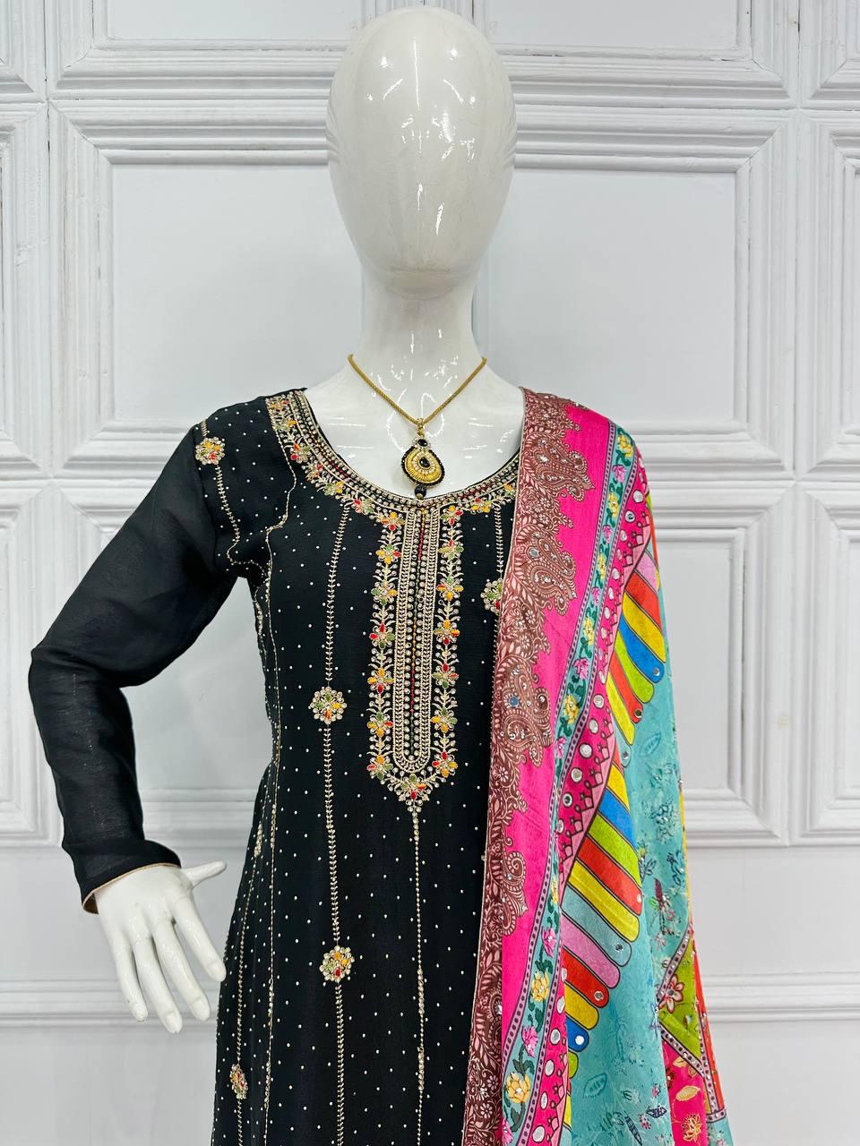 Black Color Suit With Multi Work Sharara and Dupatta