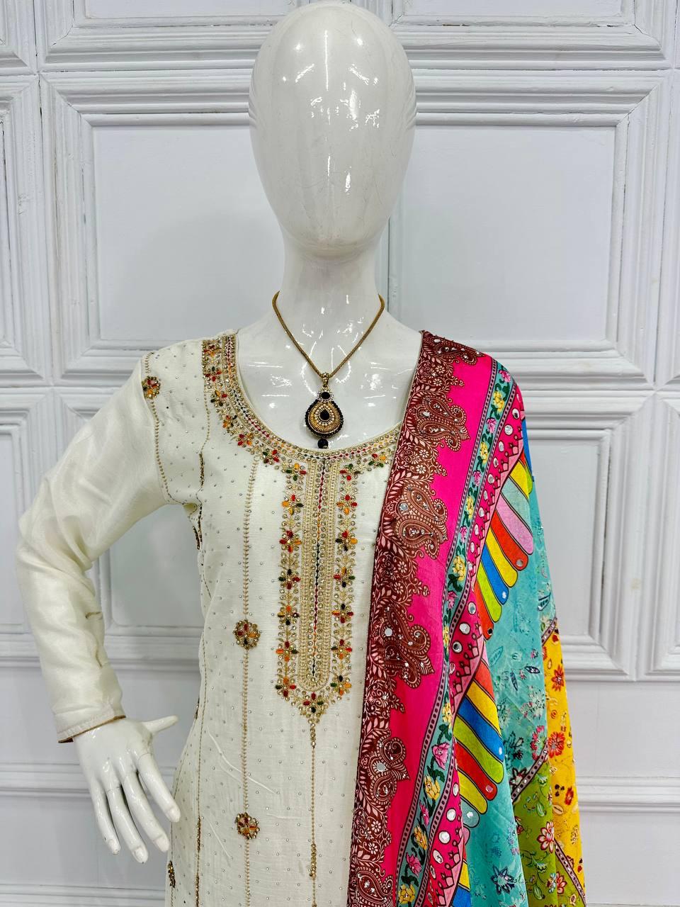 White Color Suit With Multi Work Sharara and Dupatta