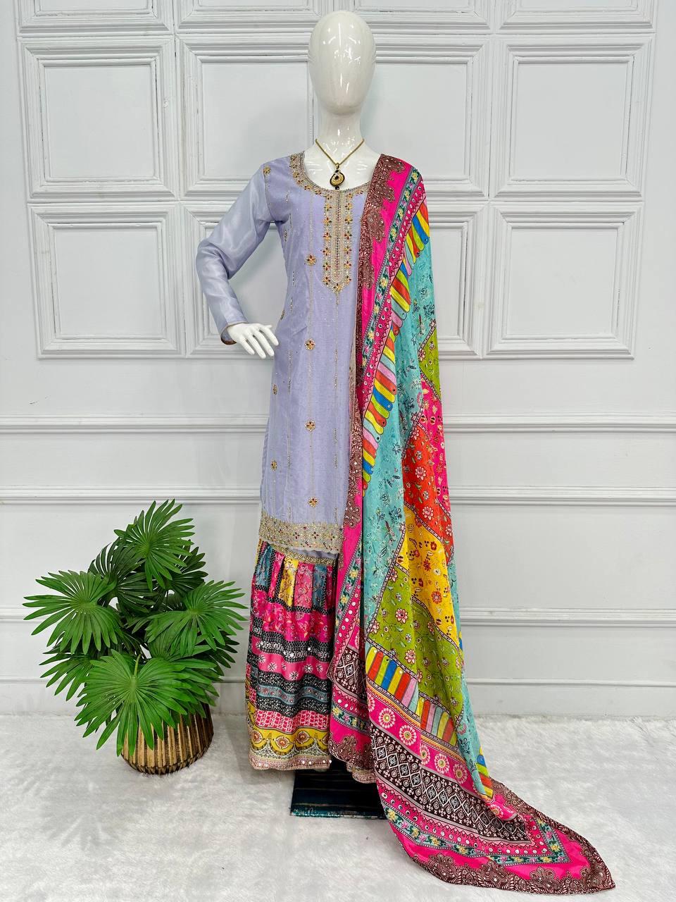 Lavender Color Suit With Multi Work Sharara and Dupatta