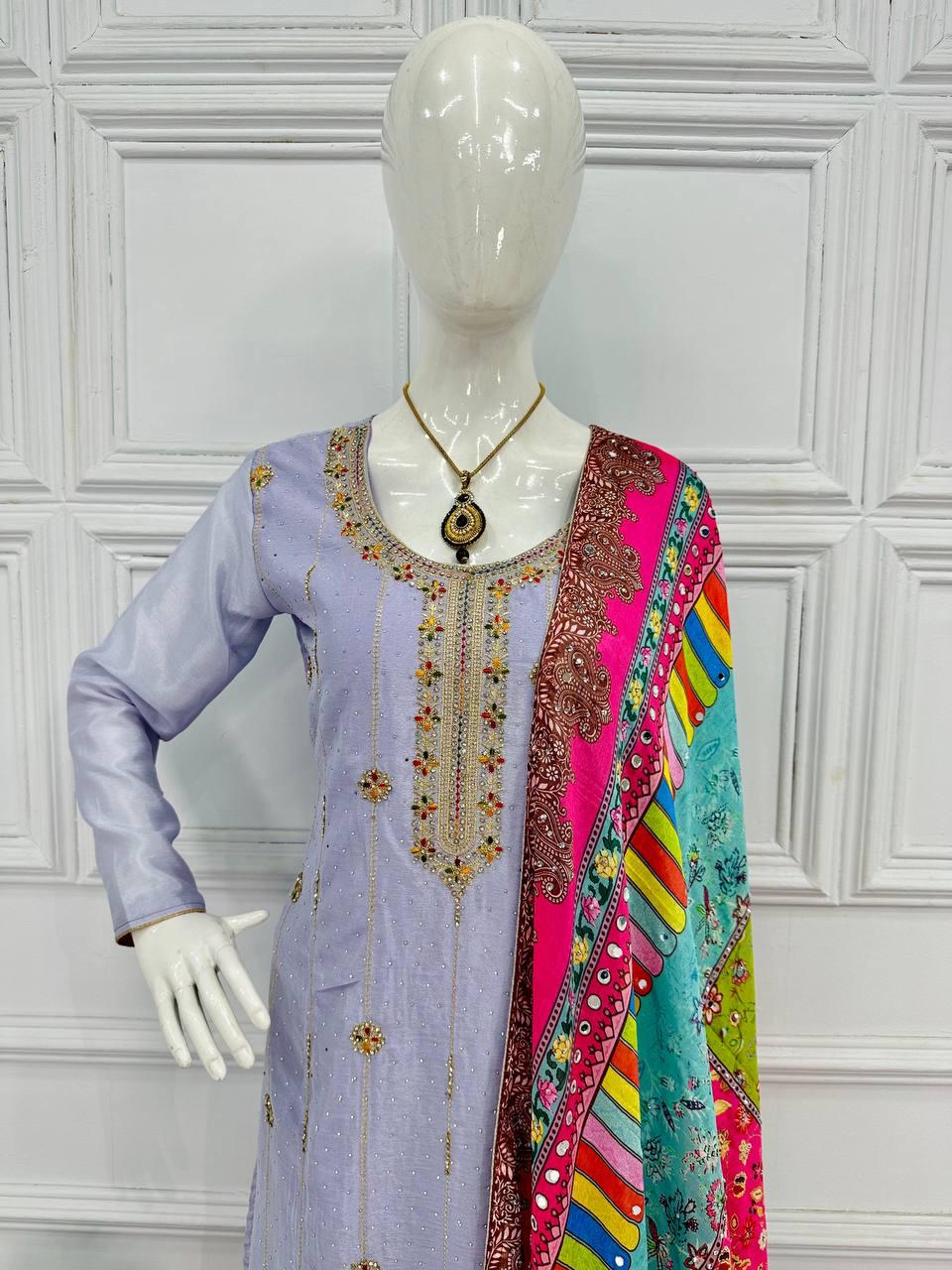 Lavender Color Suit With Multi Work Sharara and Dupatta