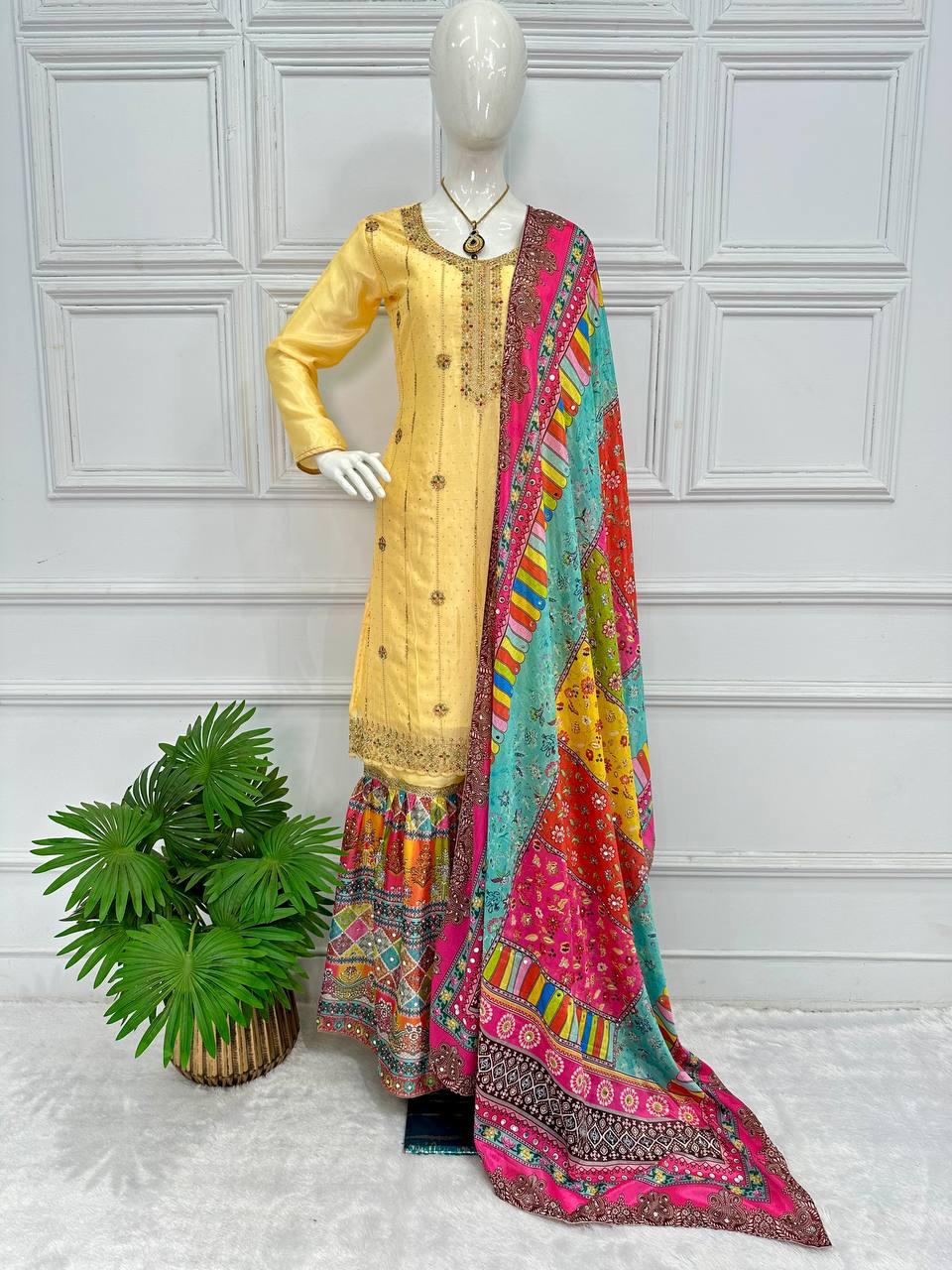 Yellow Color Suit With Multi Work Sharara and Dupatta