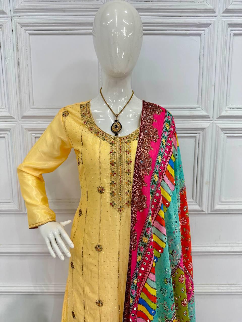 Yellow Color Suit With Multi Work Sharara and Dupatta