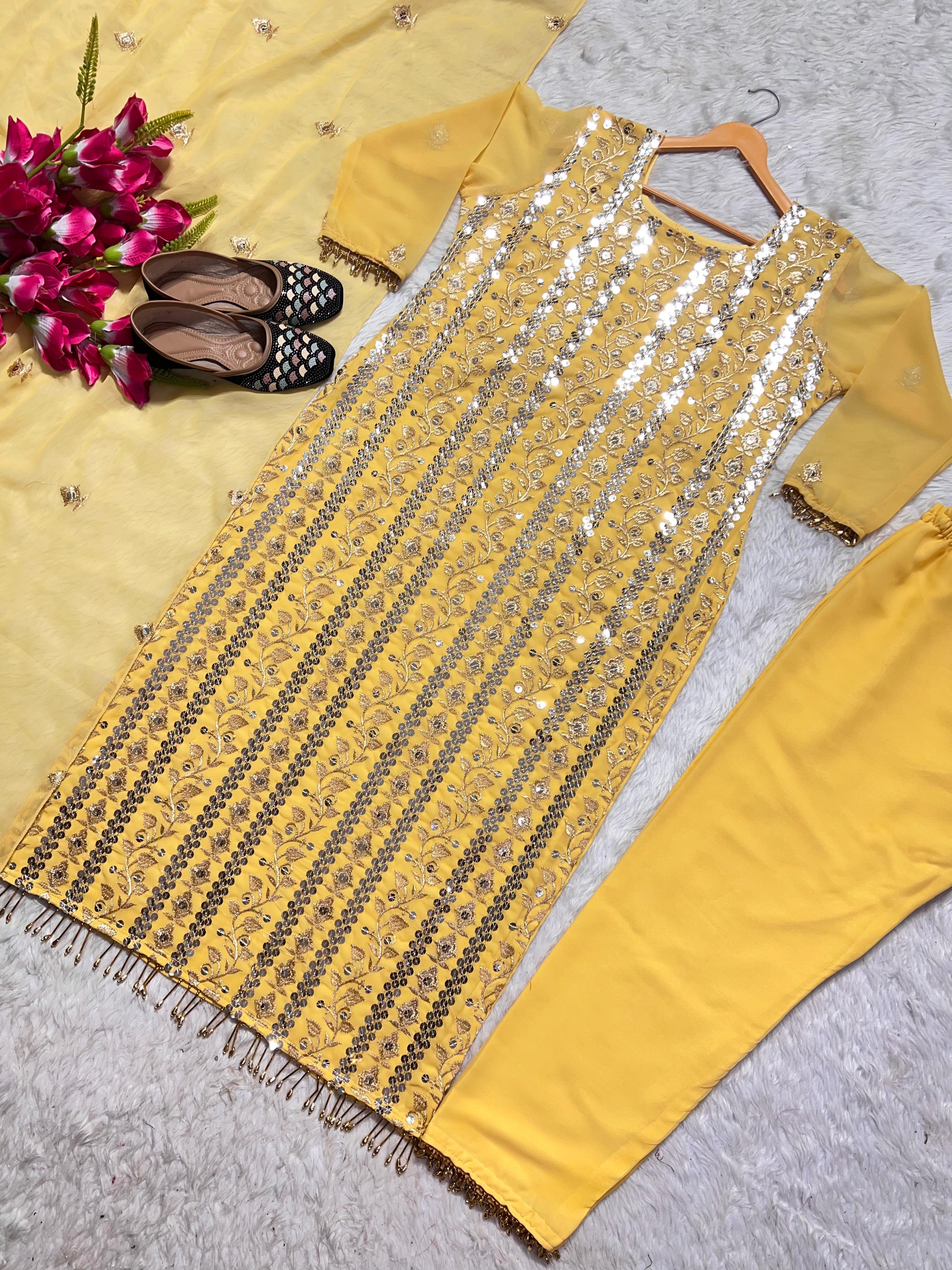 Decent Embroidered Work Yellow Color Salwar Suit