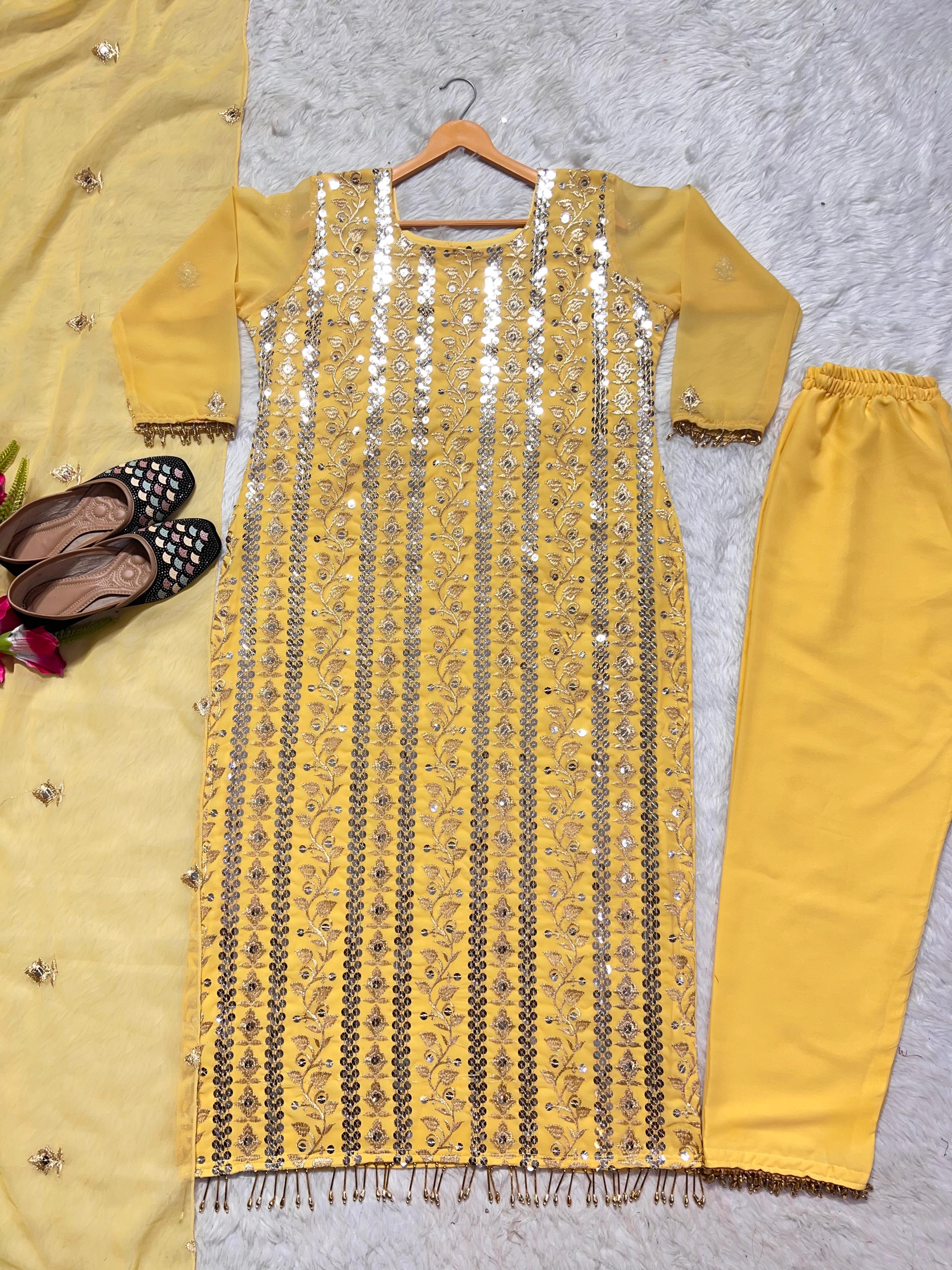 Decent Embroidered Work Yellow Color Salwar Suit