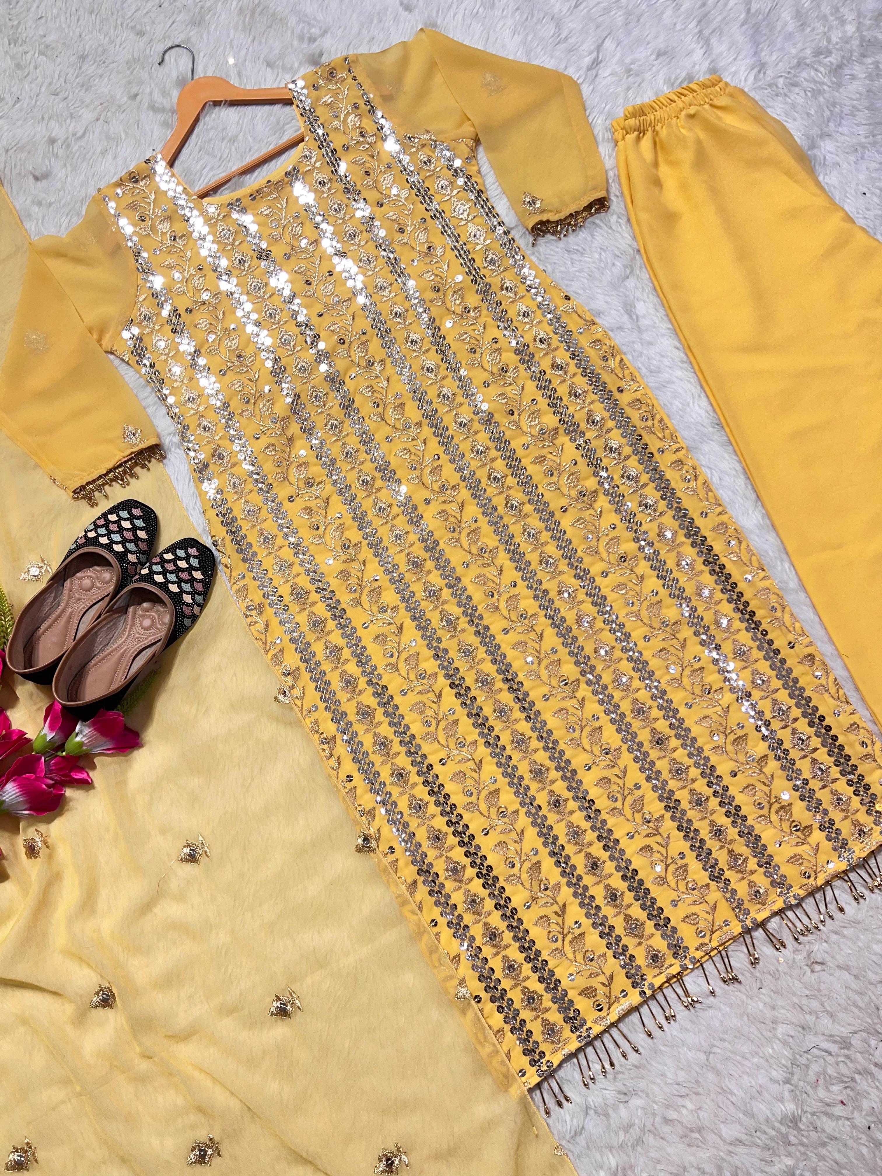 Decent Embroidered Work Yellow Color Salwar Suit