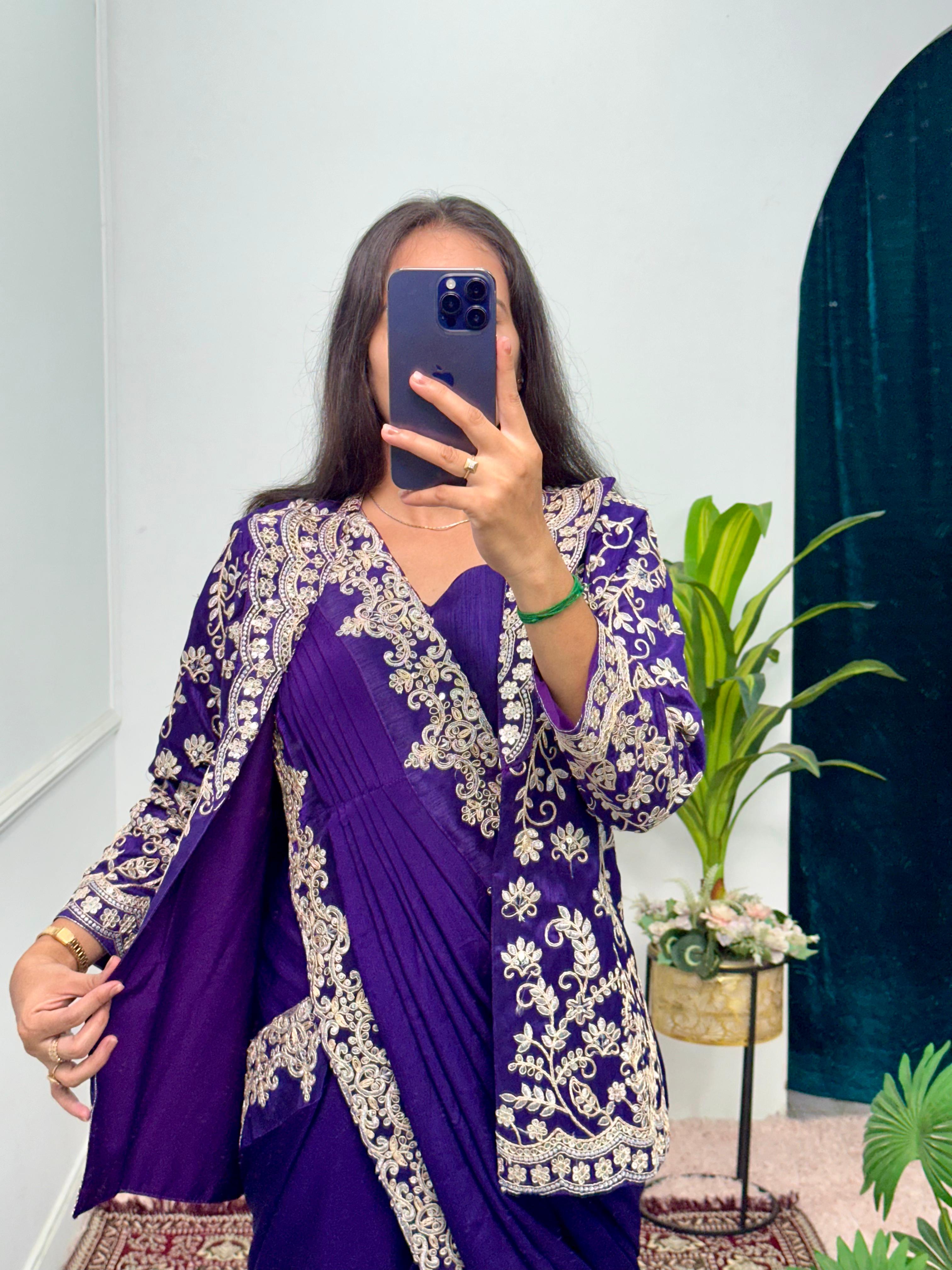 Pretty Purple Color Chinon Silk Saree With Work Koti