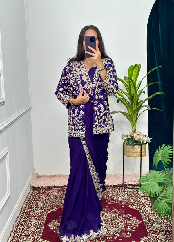 Pretty Purple Color Chinon Silk Saree With Work Koti