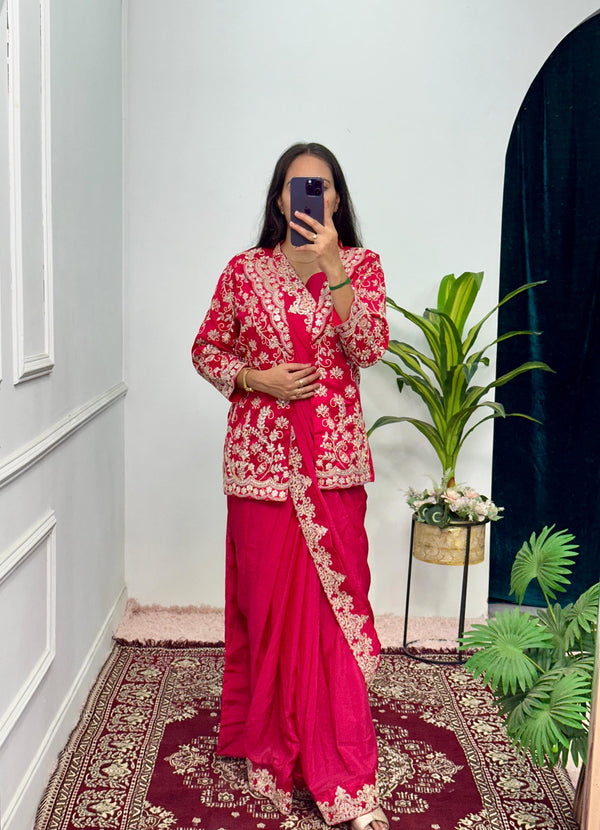 Pretty Pink Color Chinon Silk Saree With Work Koti