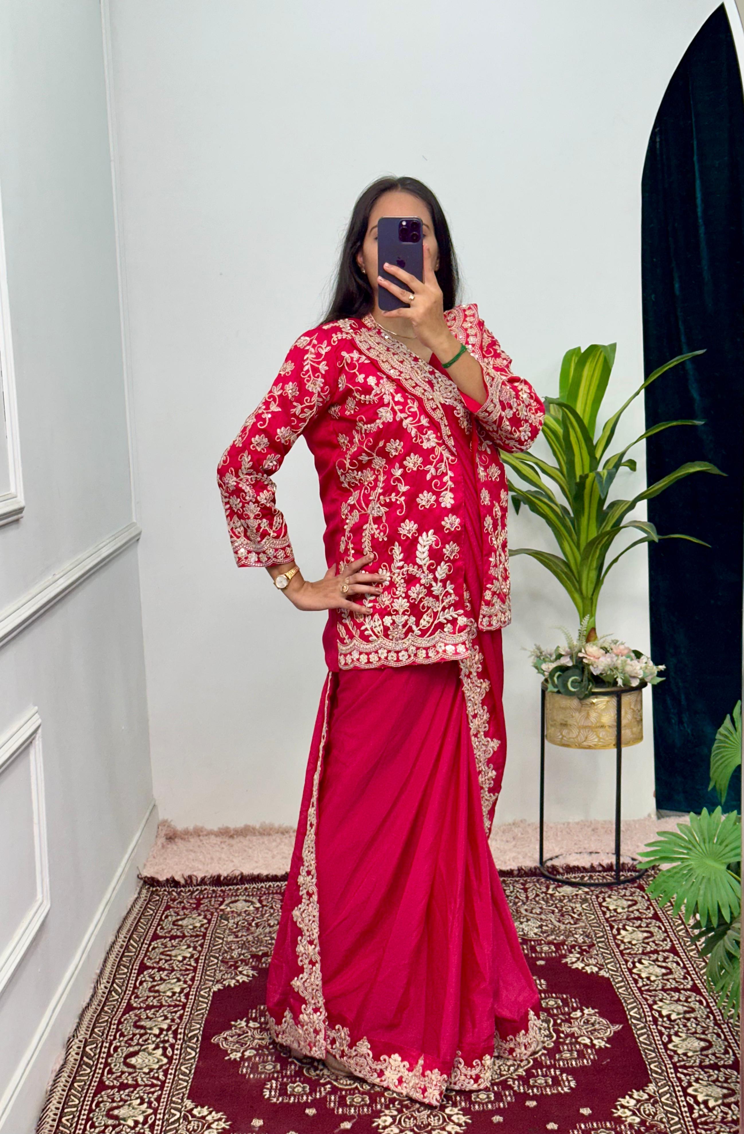 Pretty Pink Color Chinon Silk Saree With Work Koti