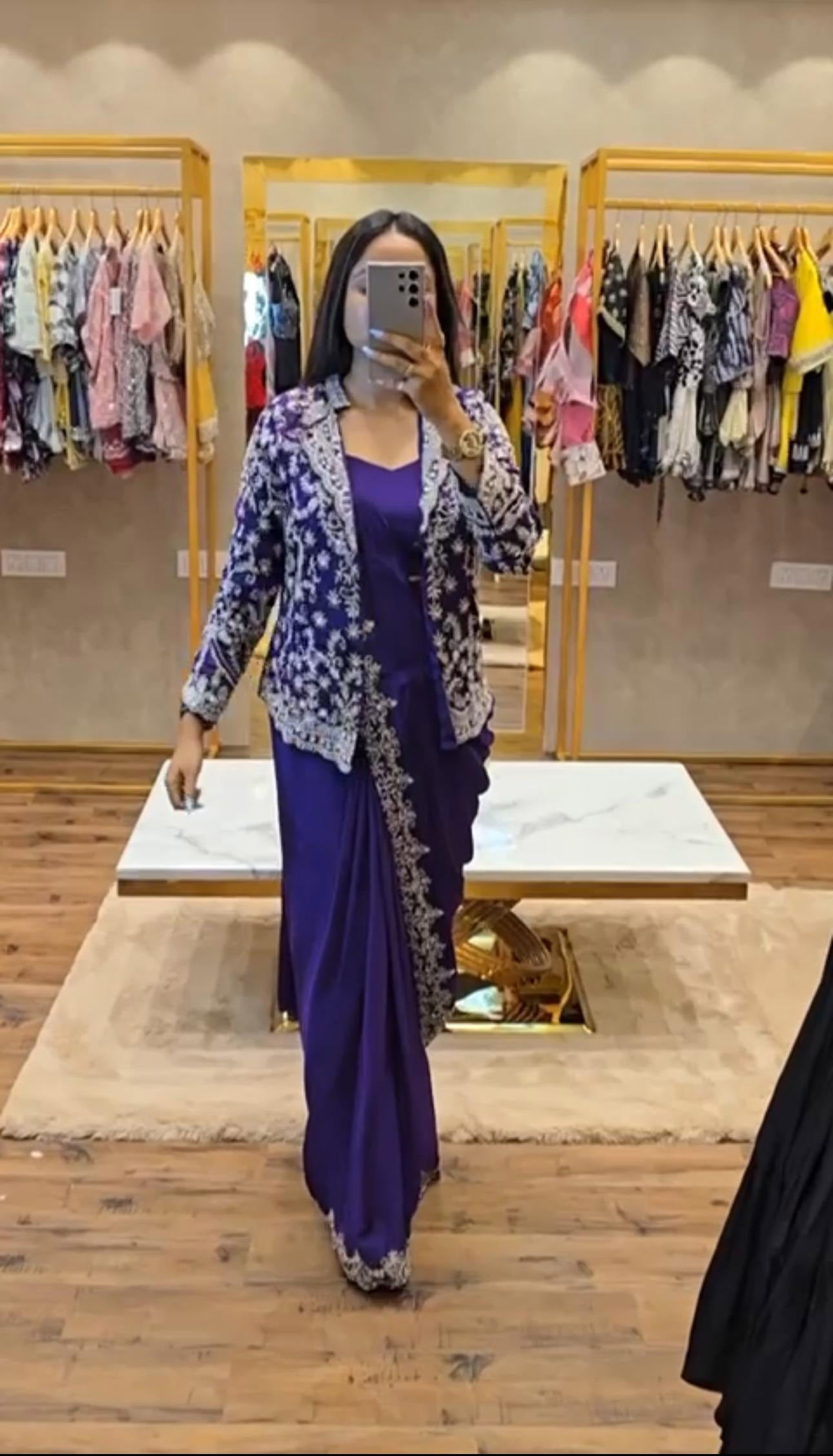 Pretty Purple Color Chinon Silk Saree With Work Koti