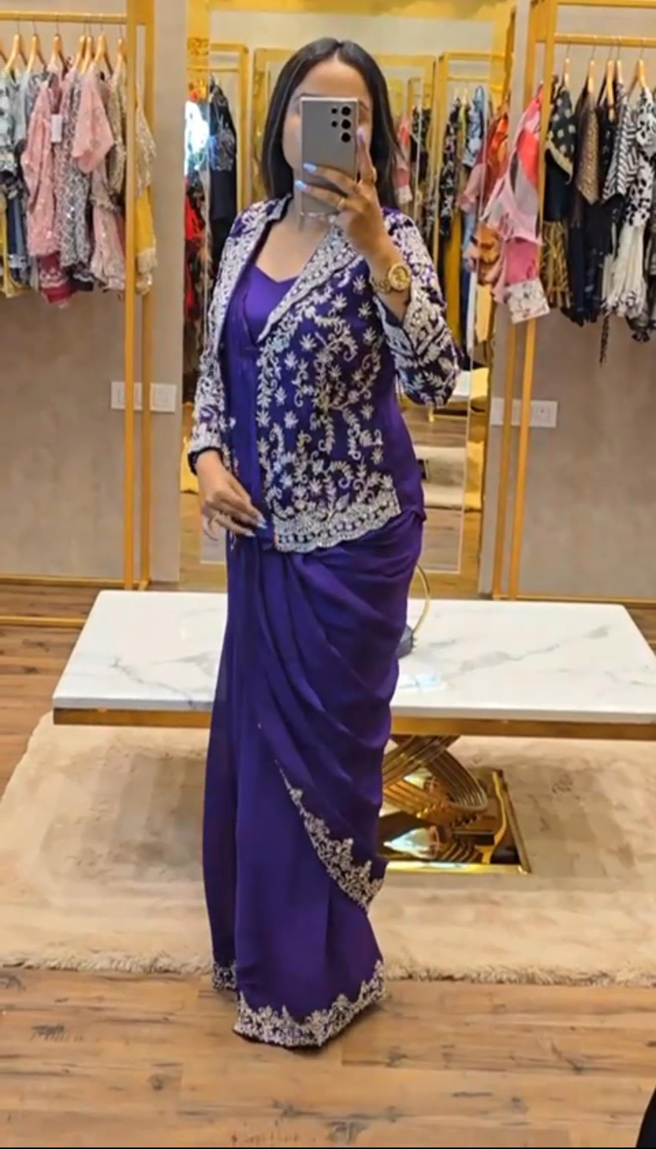 Pretty Purple Color Chinon Silk Saree With Work Koti