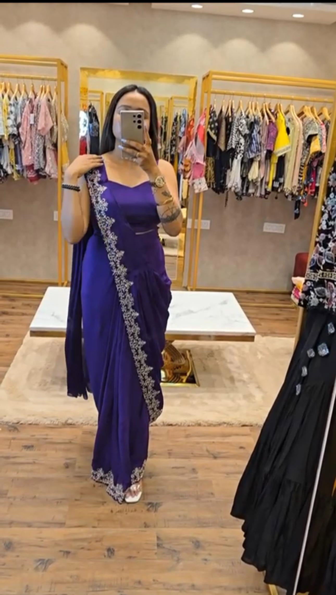 Pretty Purple Color Chinon Silk Saree With Work Koti