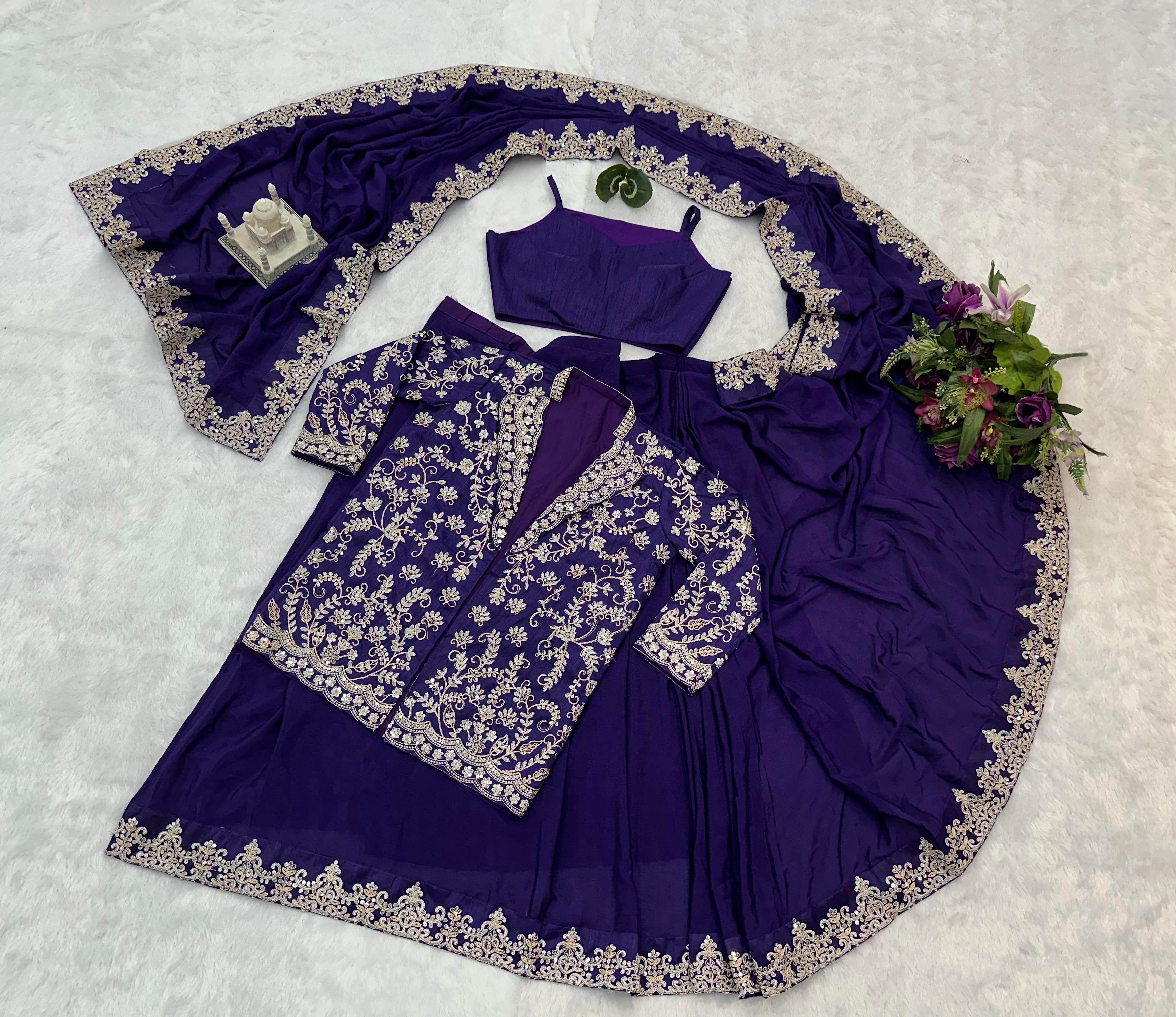 Pretty Purple Color Chinon Silk Saree With Work Koti