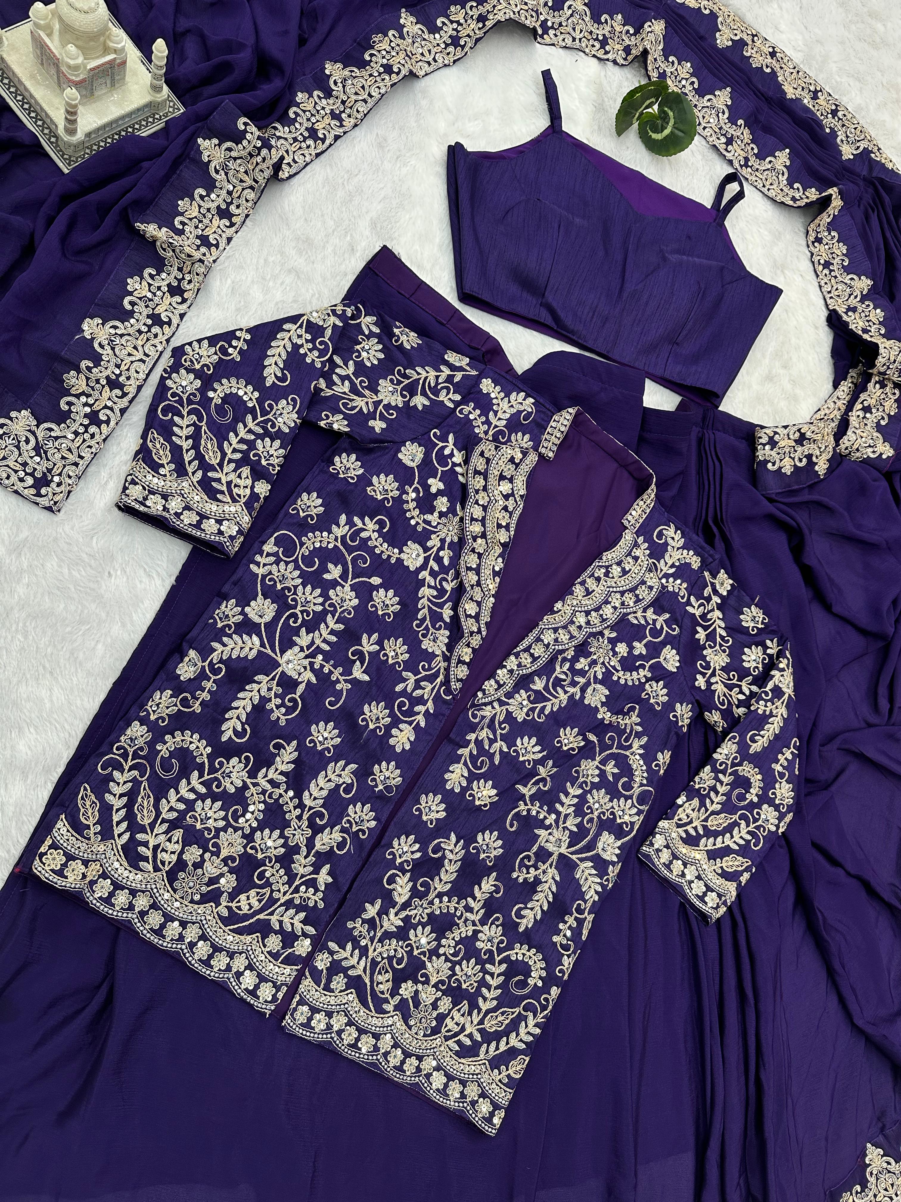 Pretty Purple Color Chinon Silk Saree With Work Koti