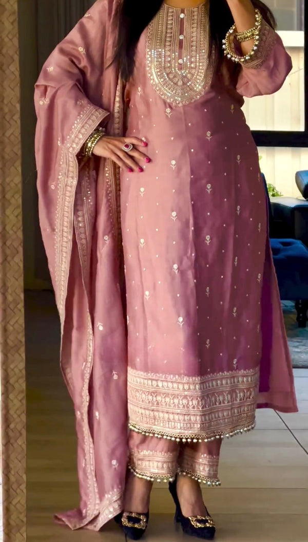 Glorious Dusty Pink Color Embroidery Work Salwar Suit