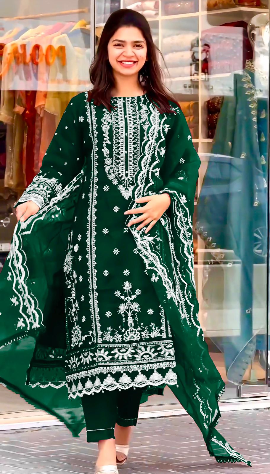 Eyes Catching Organza Green Color Salwar Suit