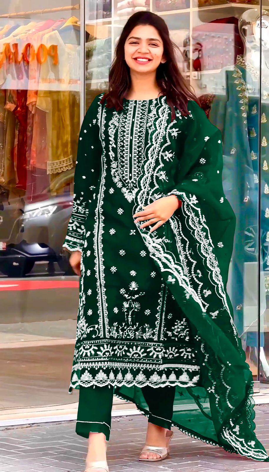 Eyes Catching Organza Green Color Salwar Suit