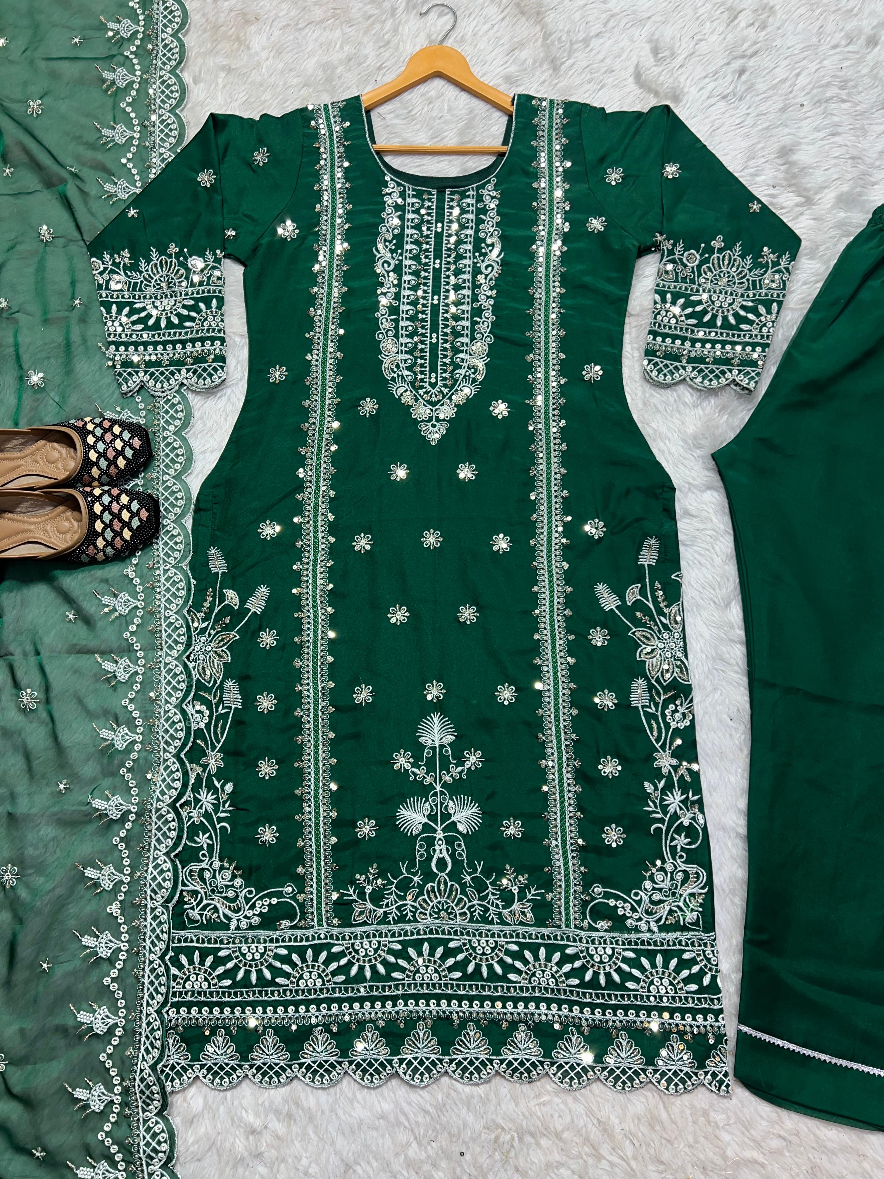 Eyes Catching Organza Green Color Salwar Suit