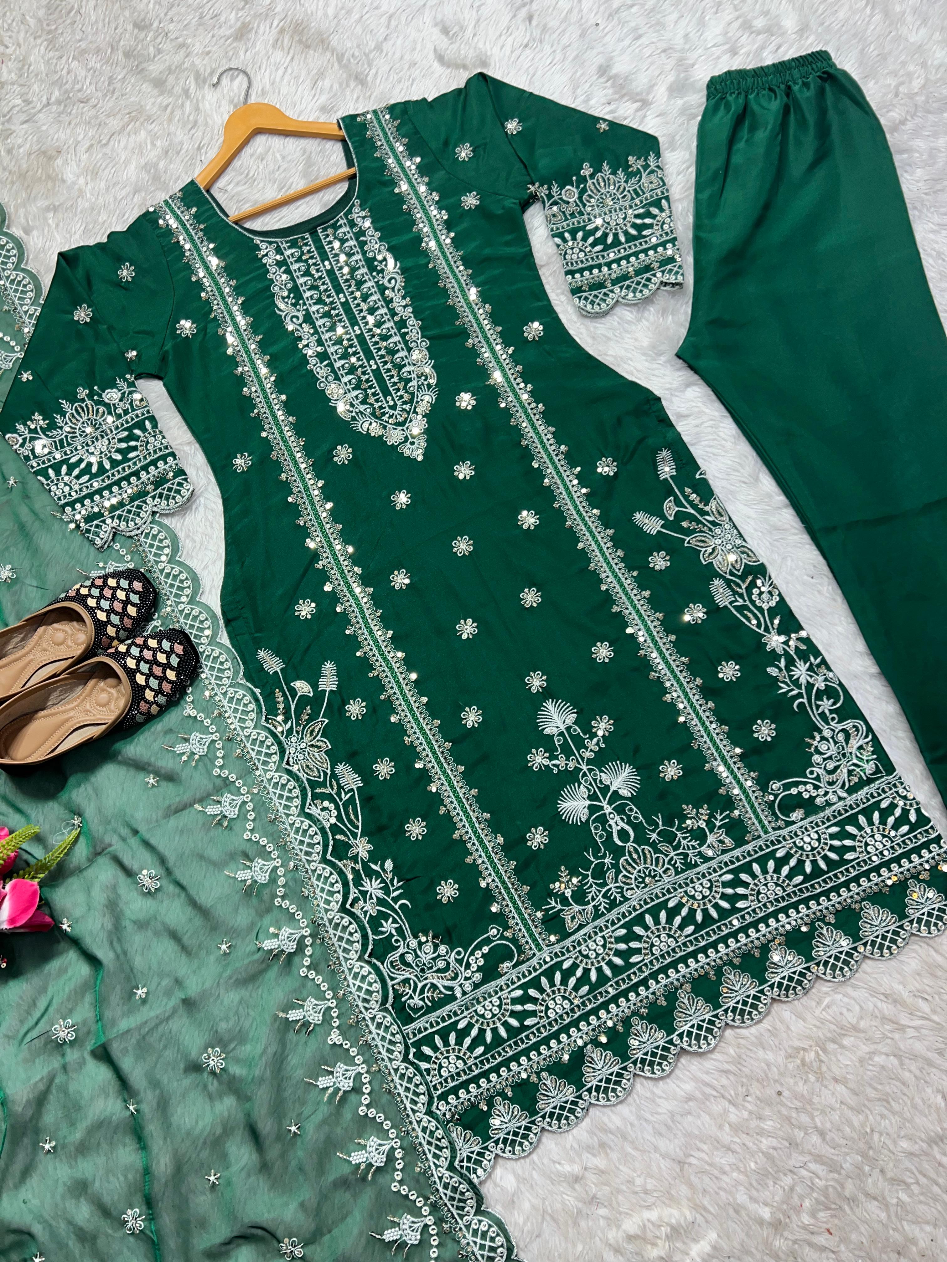 Eyes Catching Organza Green Color Salwar Suit