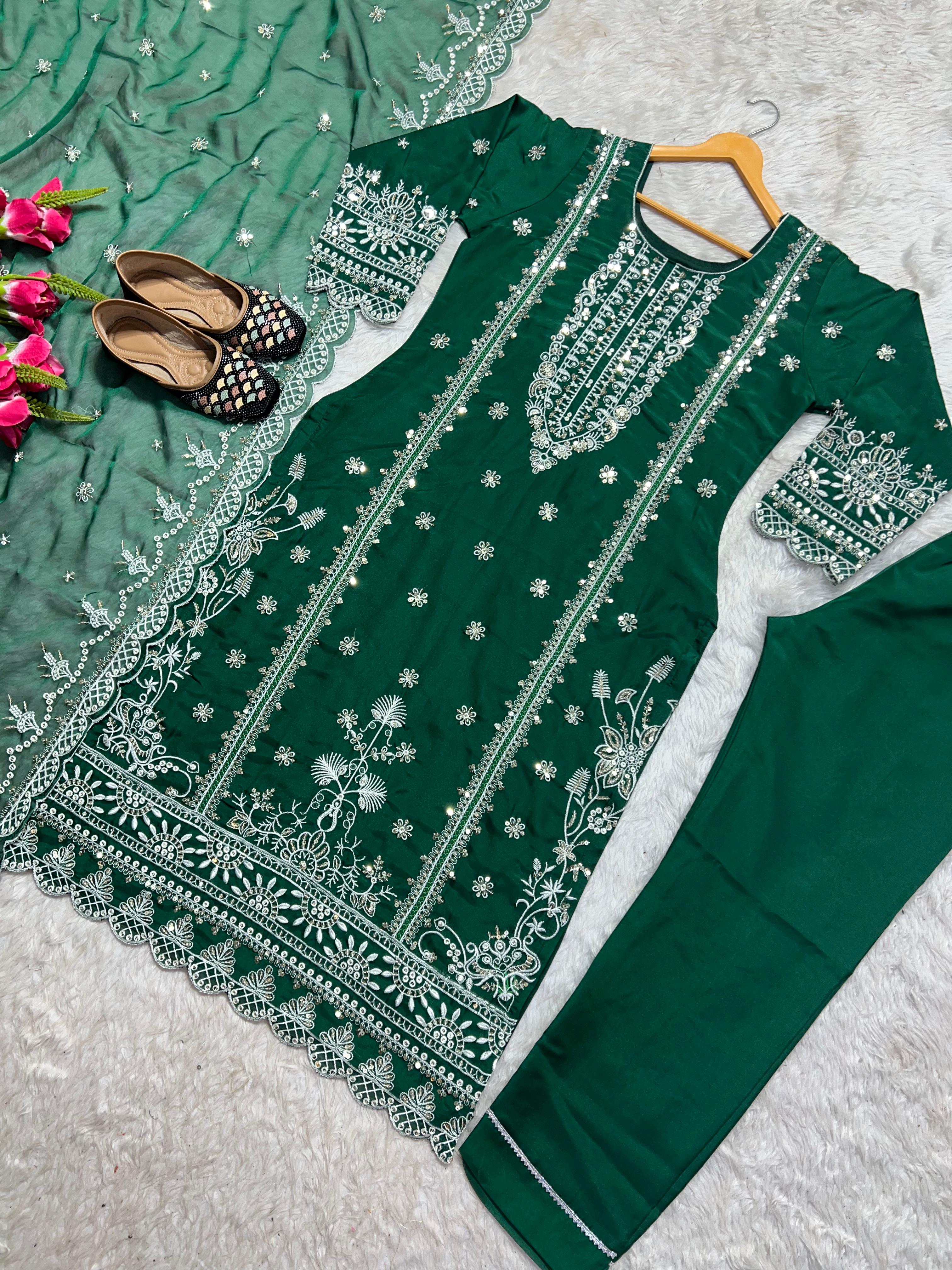 Eyes Catching Organza Green Color Salwar Suit