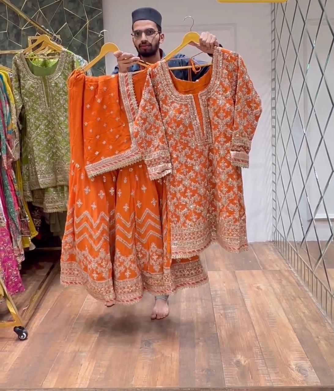 Function Wear Orange Heavy Sharara Suit