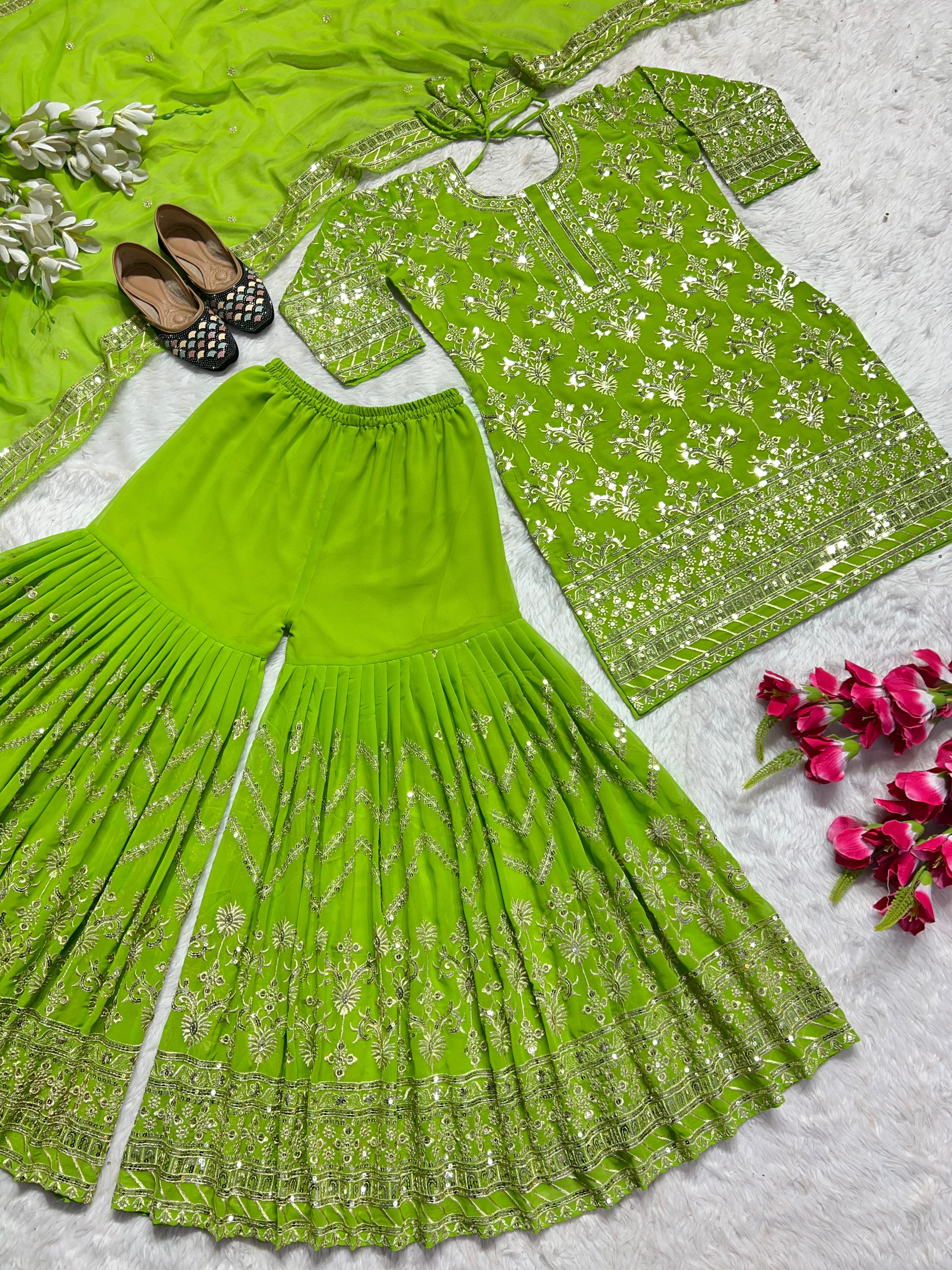 Function Wear Parrot Green Heavy Sharara Suit