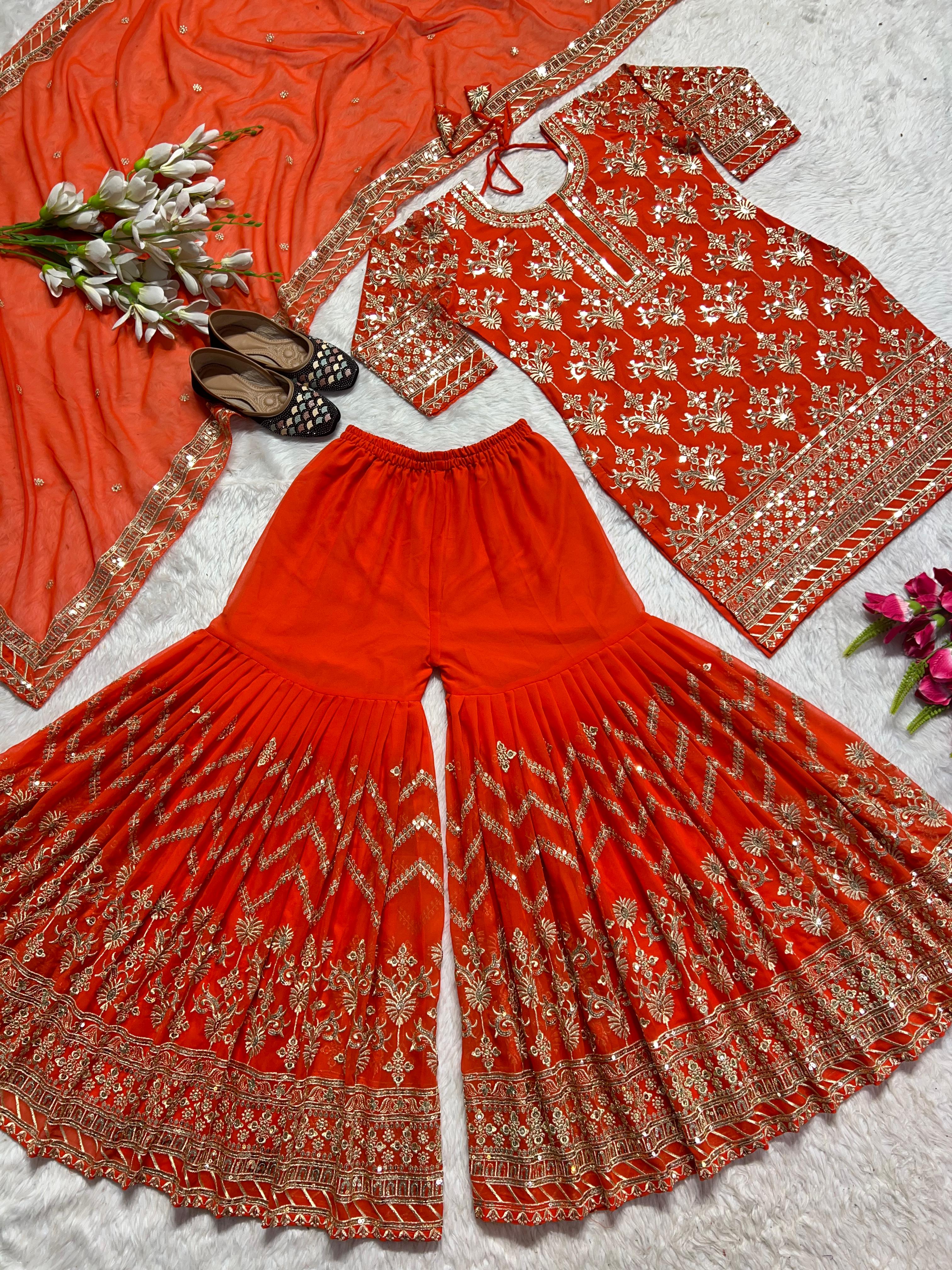 Function Wear Orange Heavy Sharara Suit