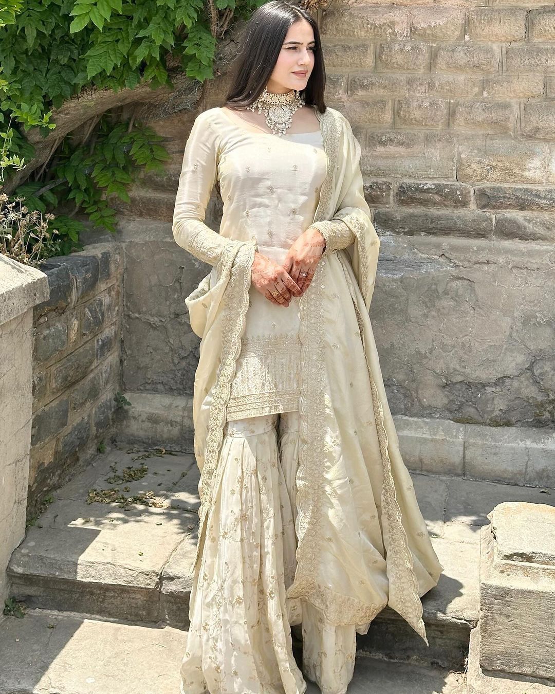 Fantastic Embroidery Work White  Pakistani Sharara Suit