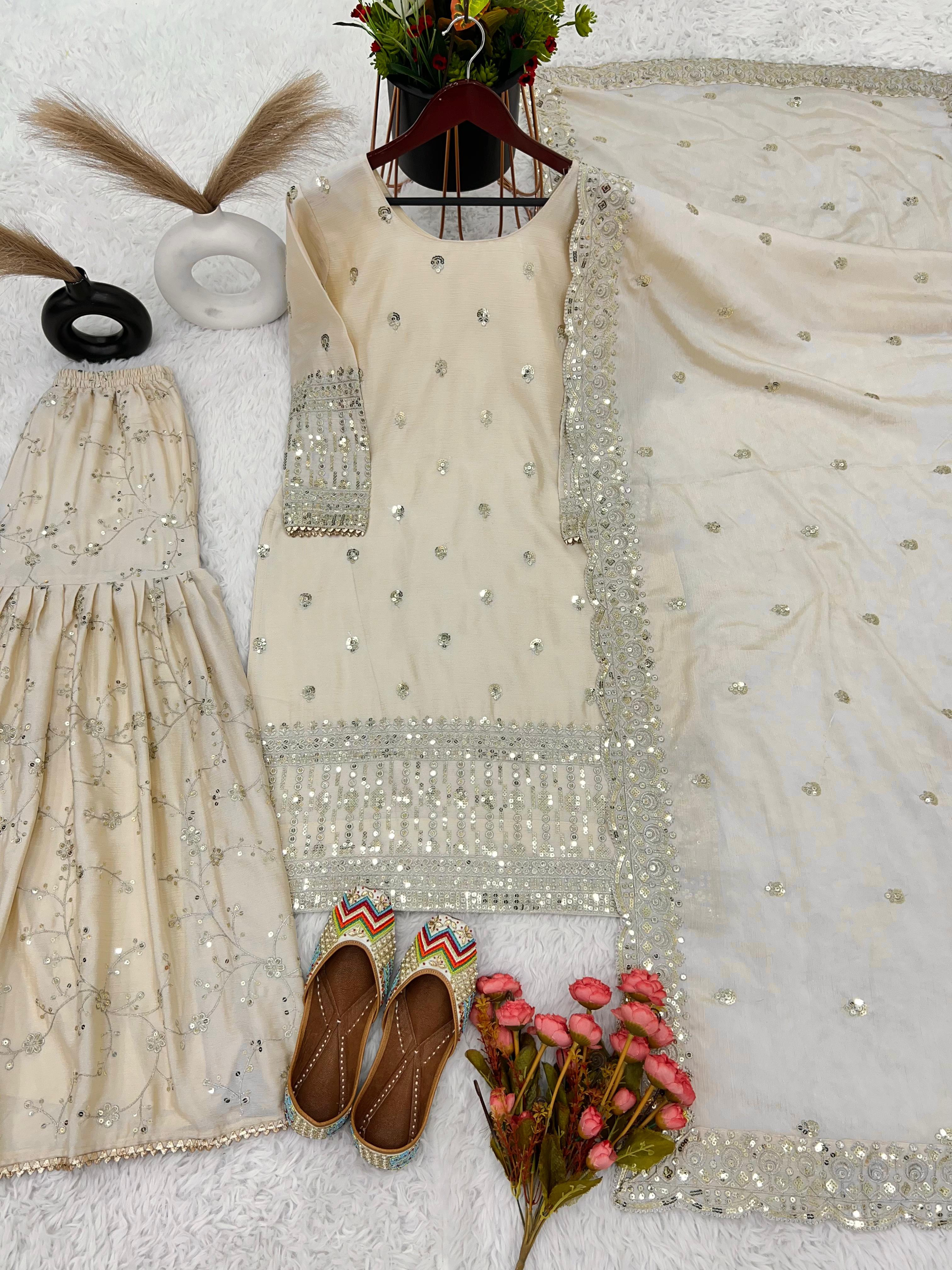 Fantastic Embroidery Work White  Pakistani Sharara Suit