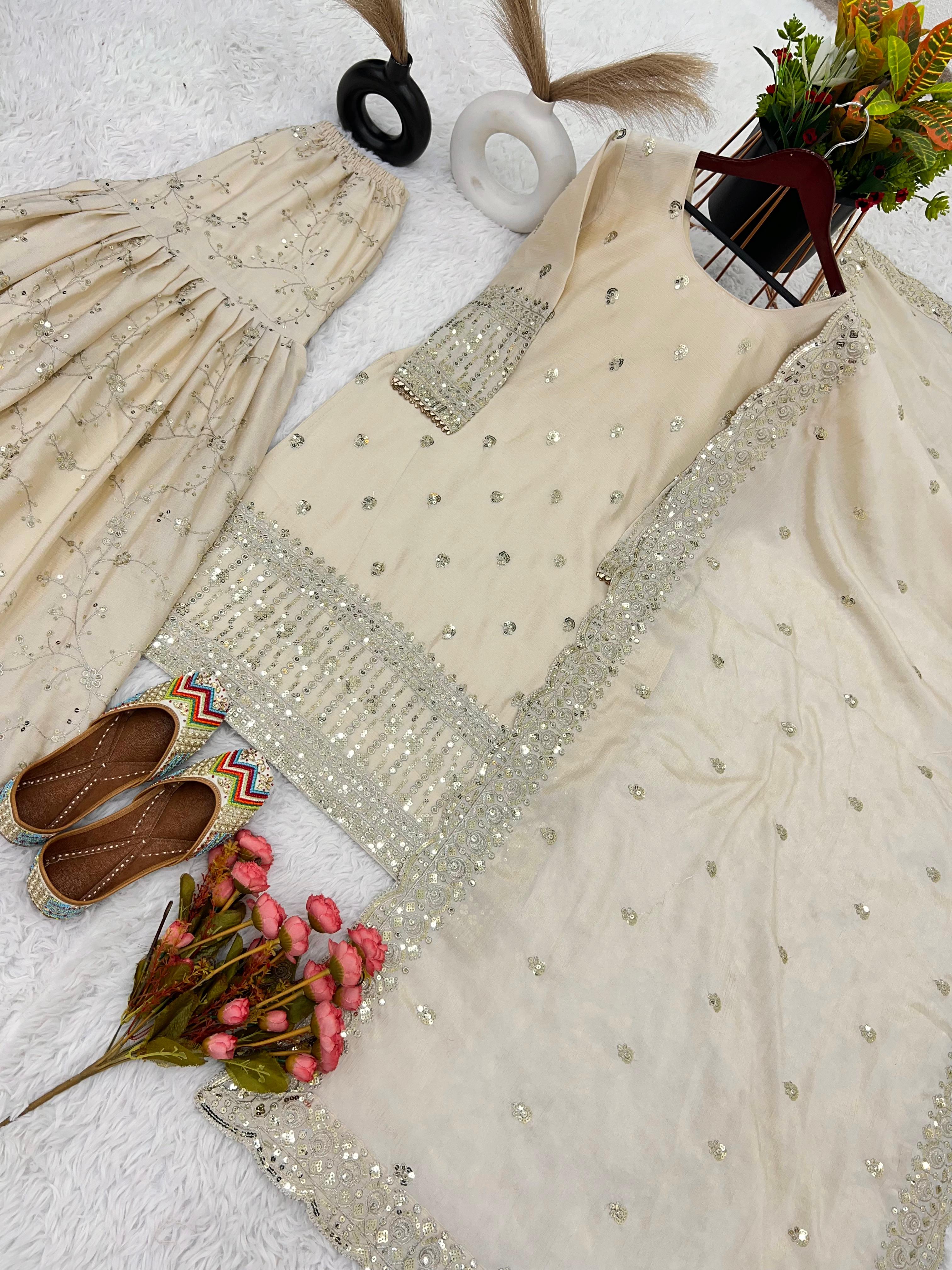 Fantastic Embroidery Work White  Pakistani Sharara Suit