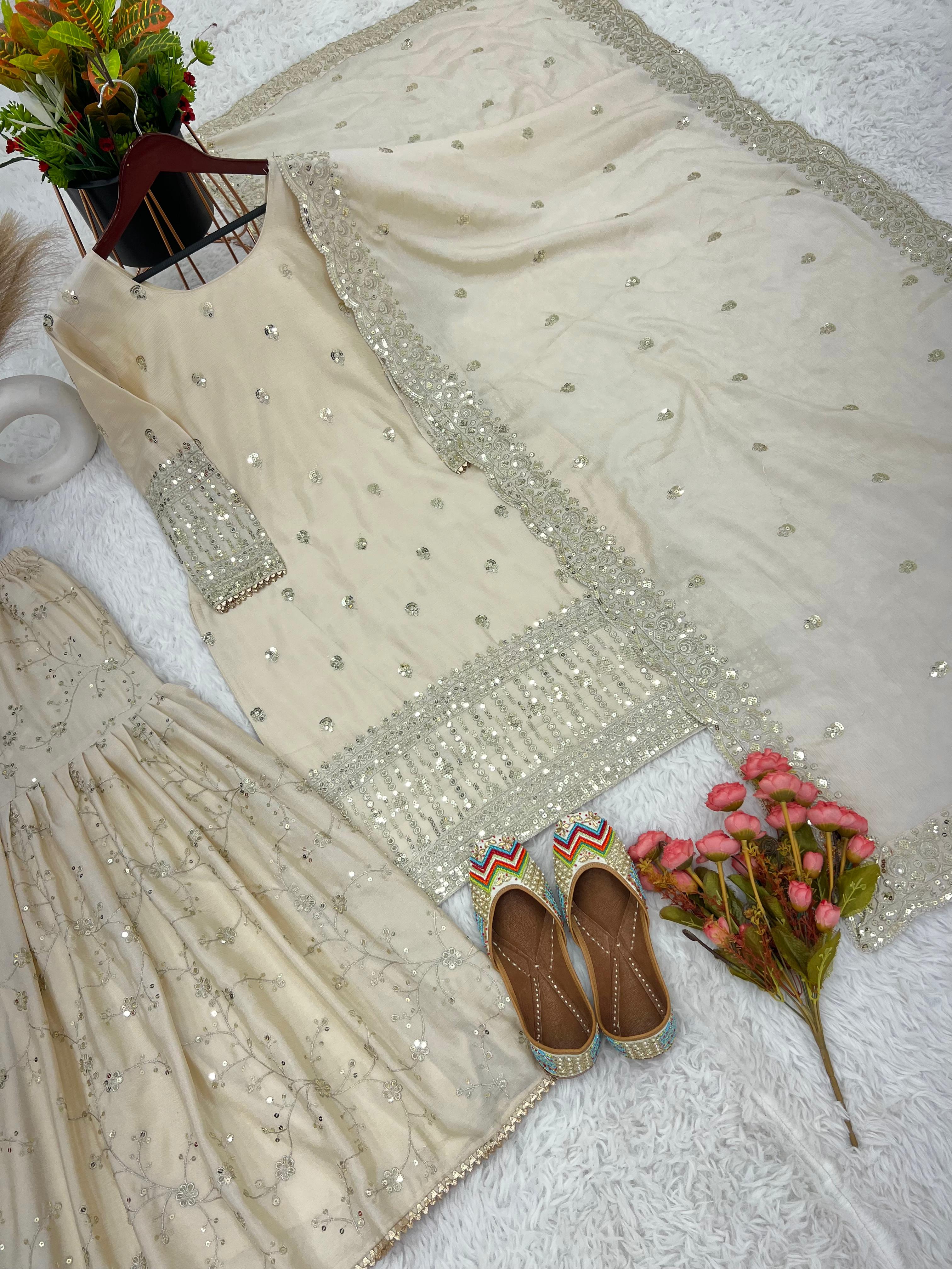 Fantastic Embroidery Work White  Pakistani Sharara Suit