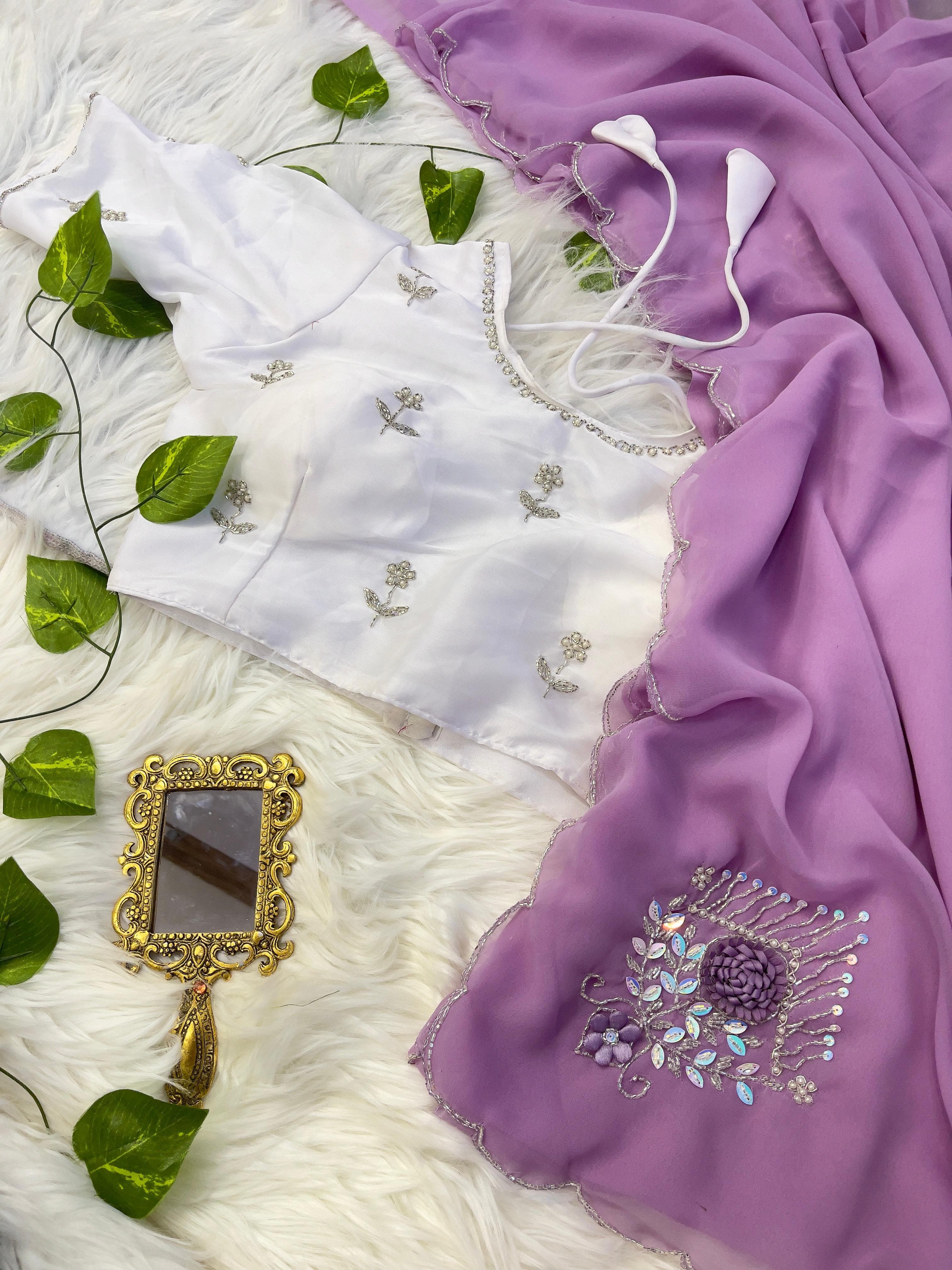 Beautiful Lavender Color Hand Work Butta Saree
