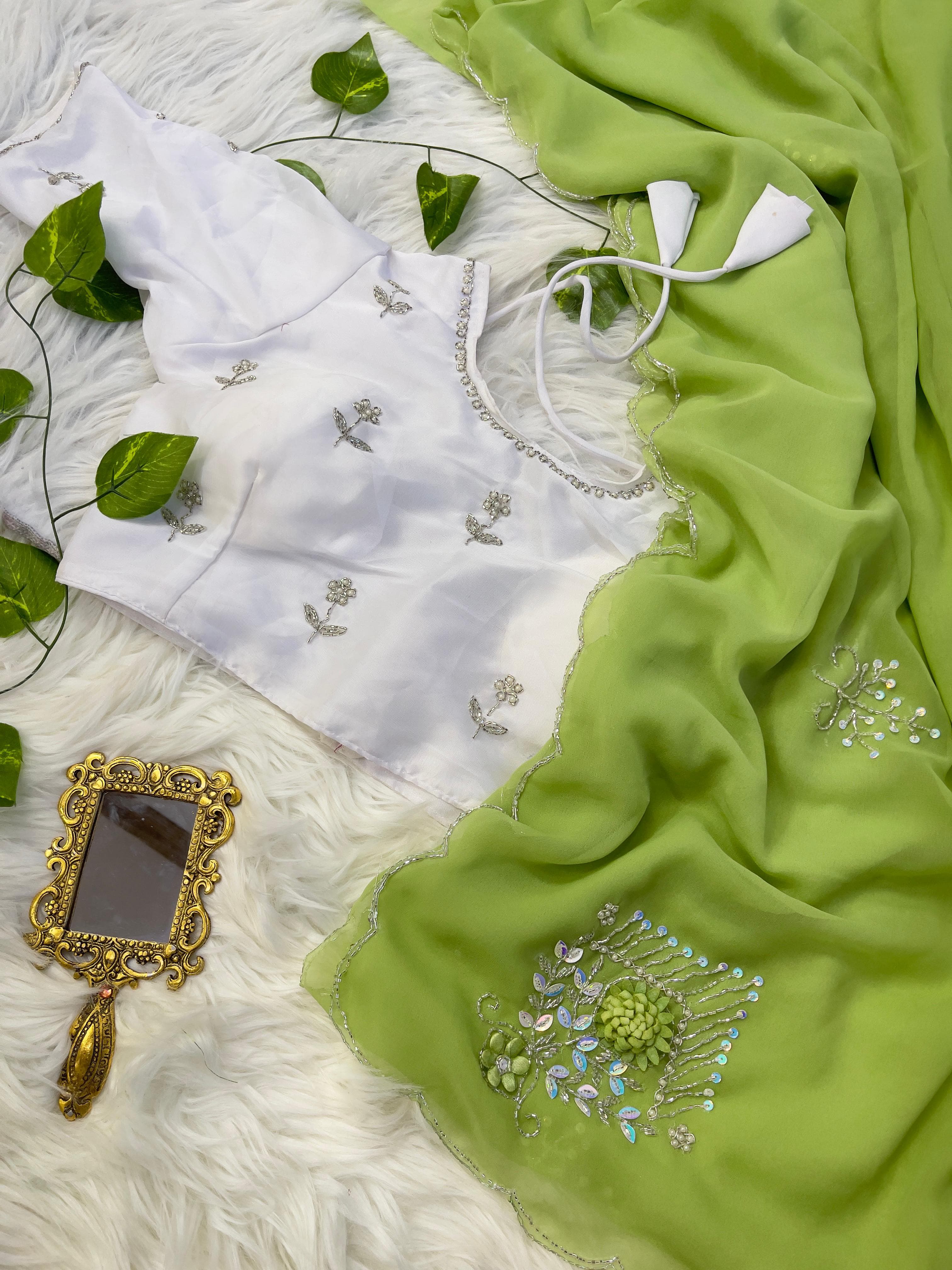Beautiful Green Color Hand Work Butta Saree