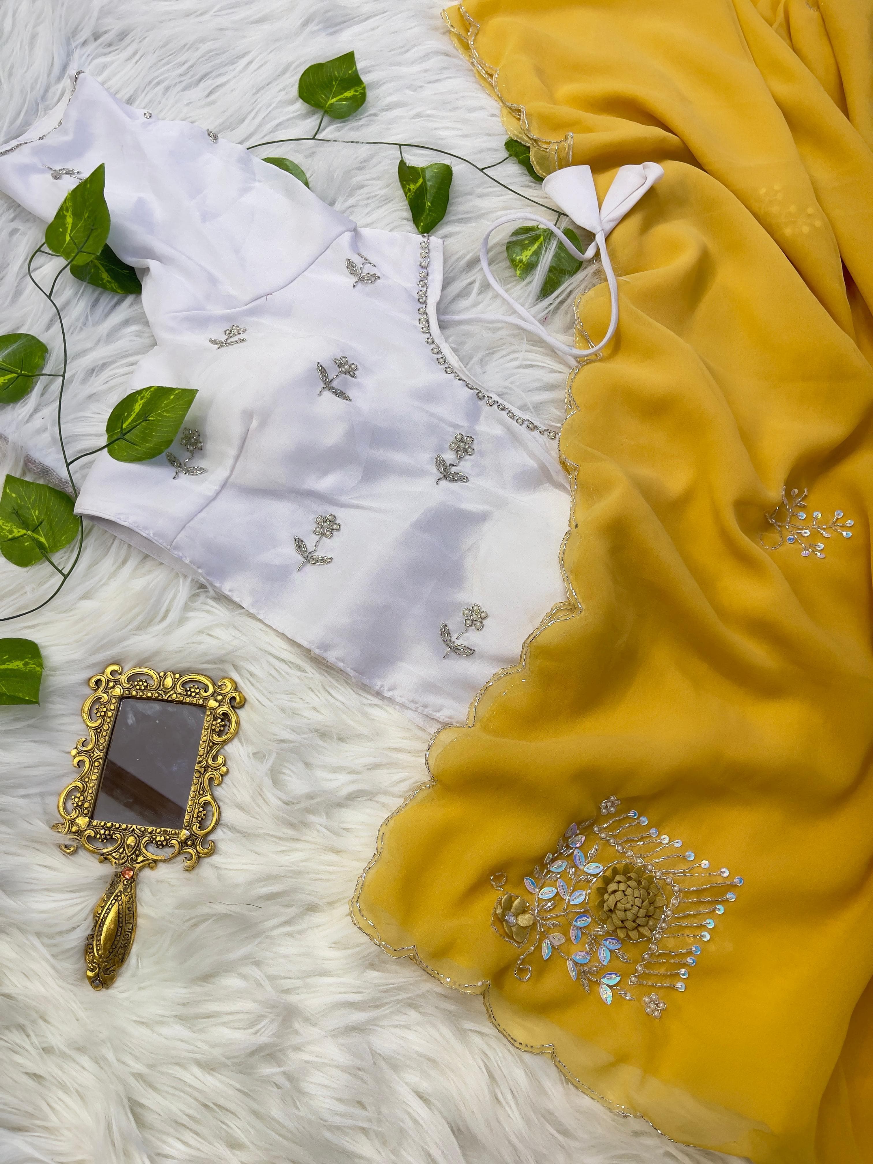 Beautiful Yellow Color Hand Work Butta Saree