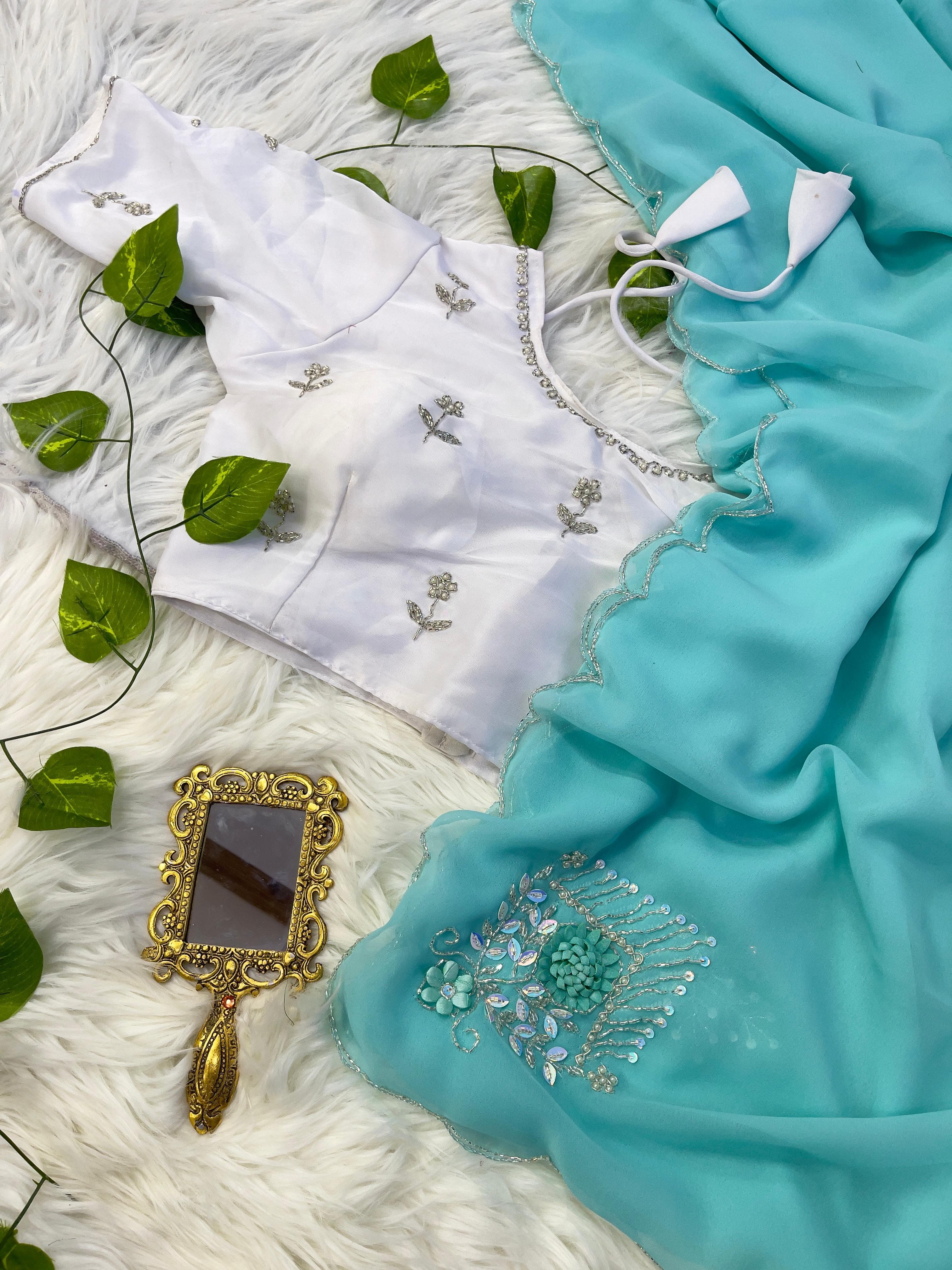 Beautiful Sky Blue Color Hand Work Butta Saree