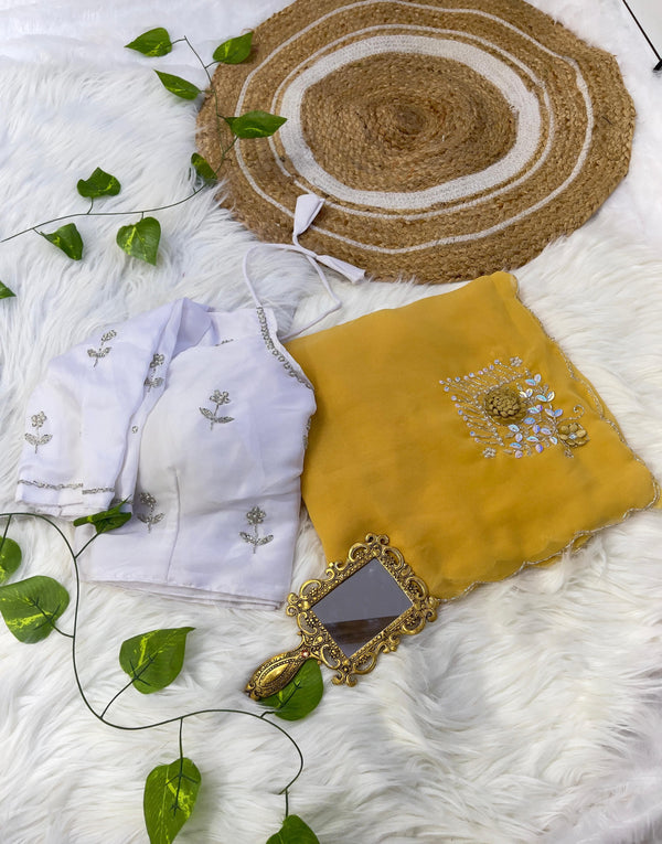 Beautiful Yellow Color Hand Work Butta Saree