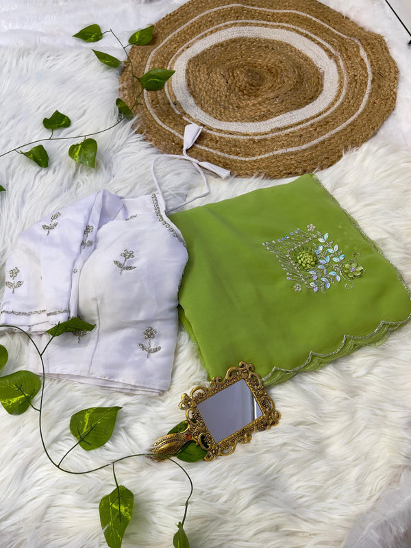Beautiful Green Color Hand Work Butta Saree