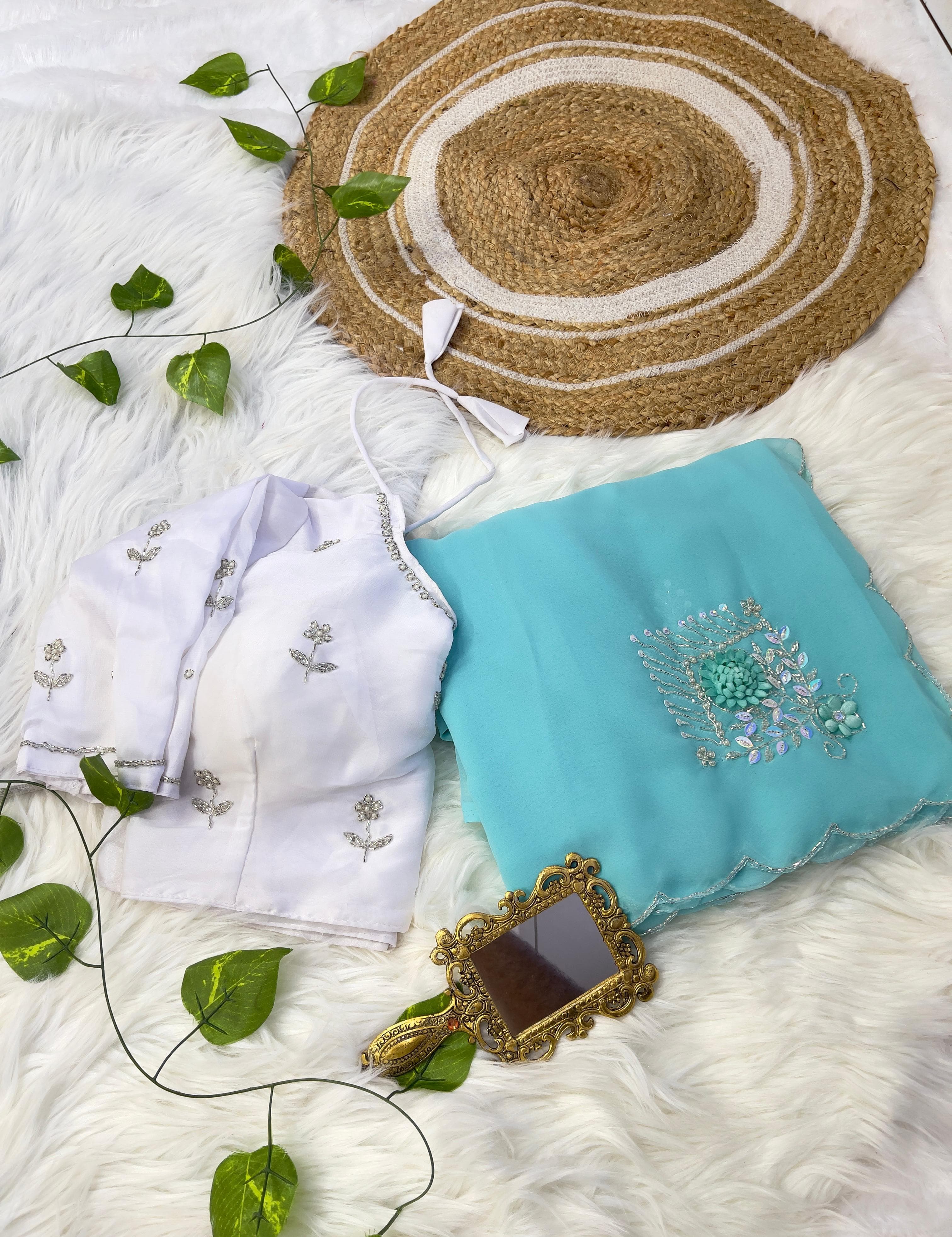 Beautiful Sky Blue Color Hand Work Butta Saree