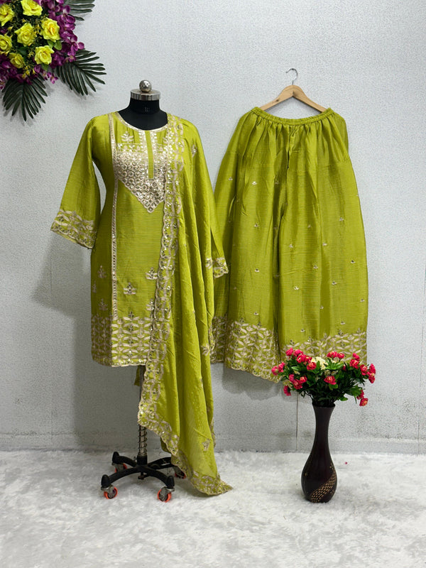 Stunning Parrot Green Chine Sequence Work Sharara Suit