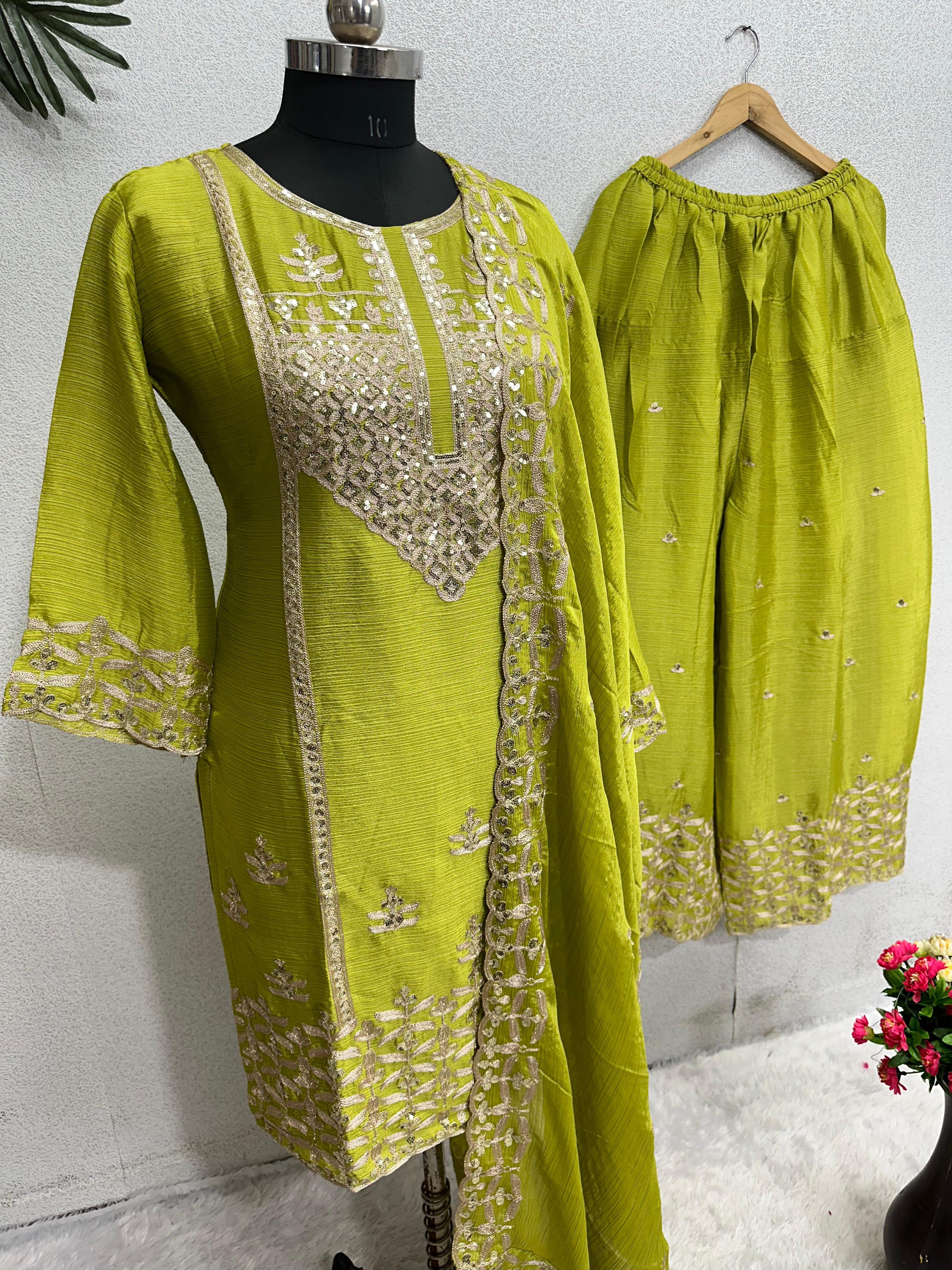 Stunning Parrot Green Chine Sequence Work Sharara Suit