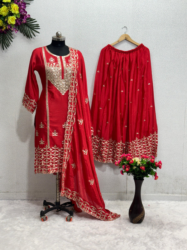 Stunning Red Chine Sequence Work Sharara Suit