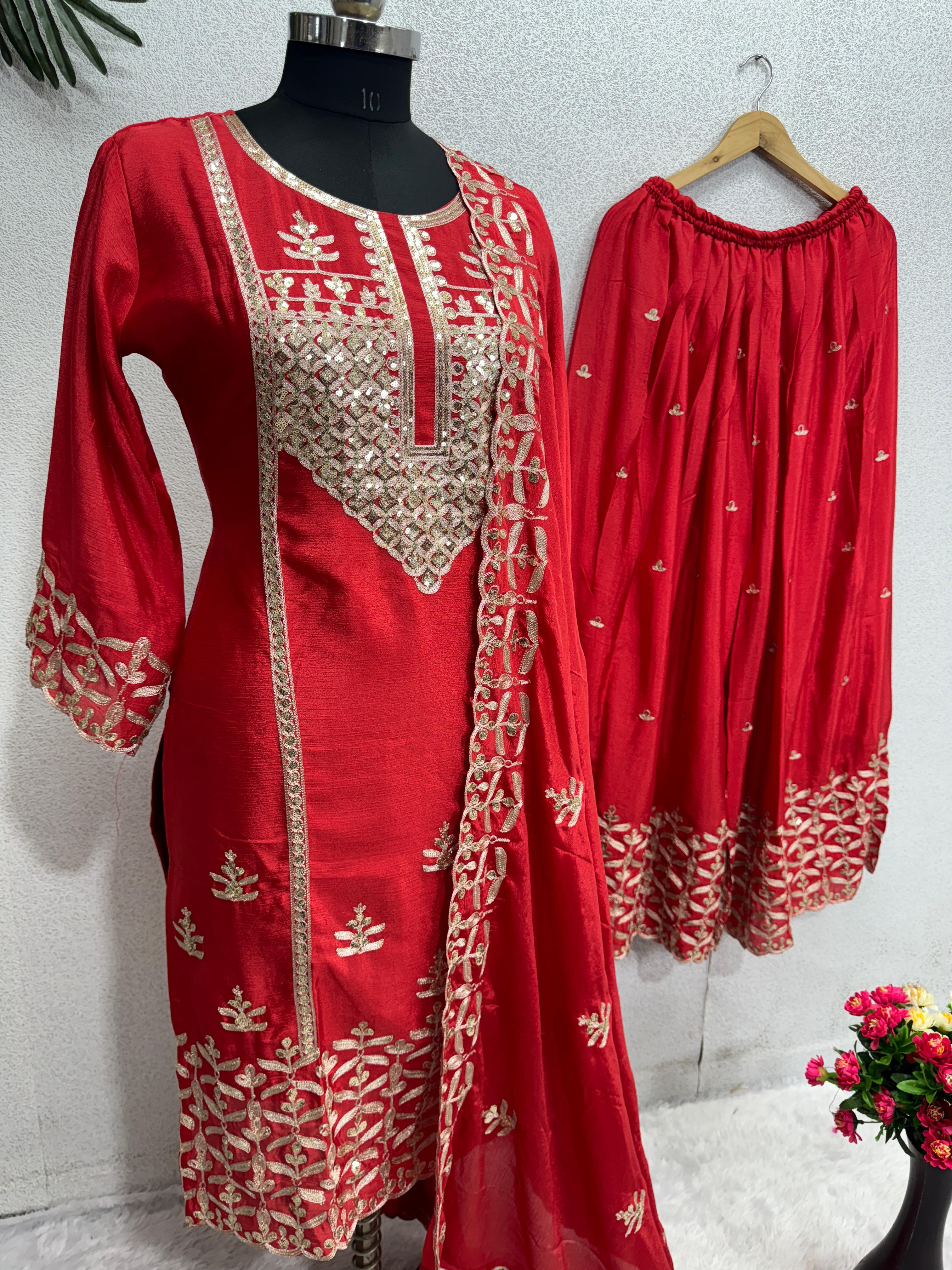 Stunning Red Chine Sequence Work Sharara Suit