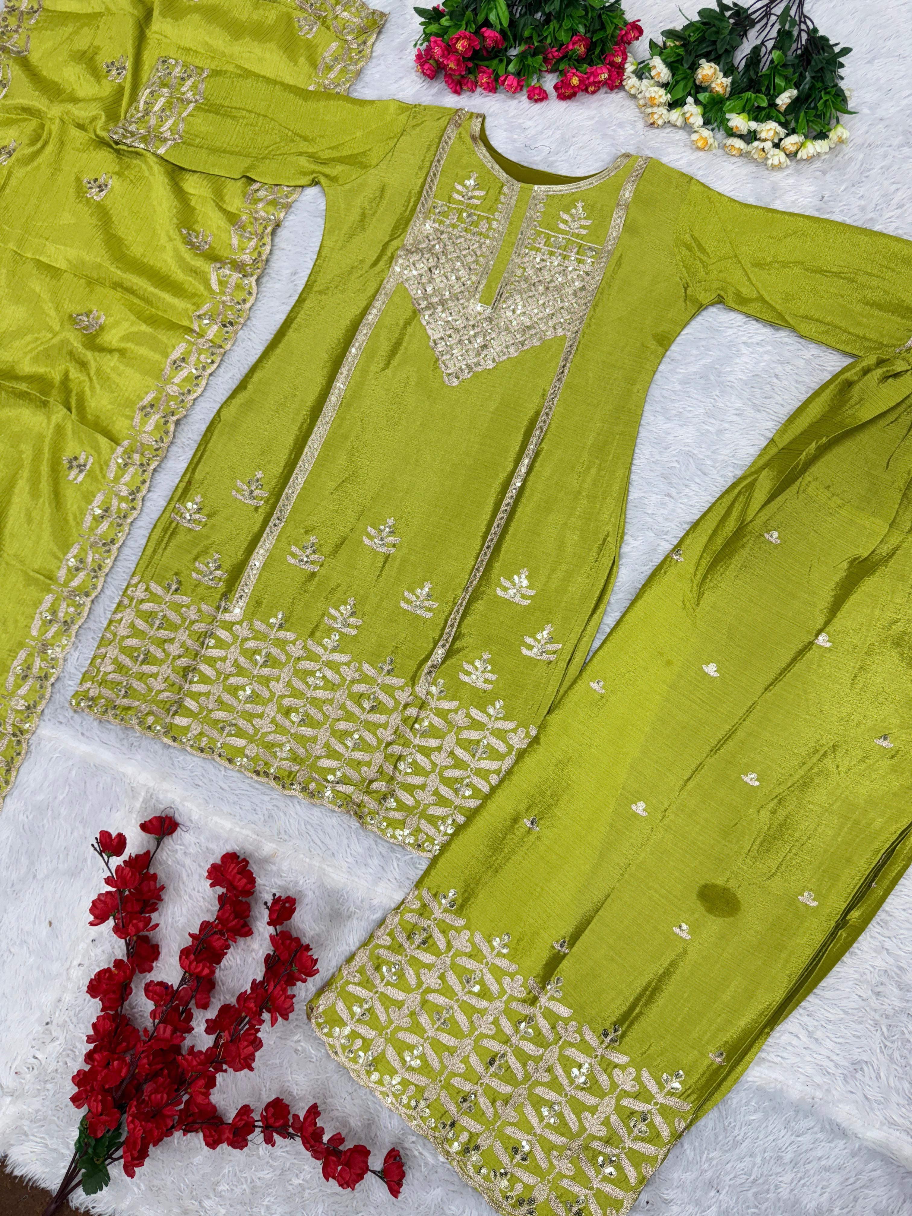 Stunning Parrot Green Chine Sequence Work Sharara Suit