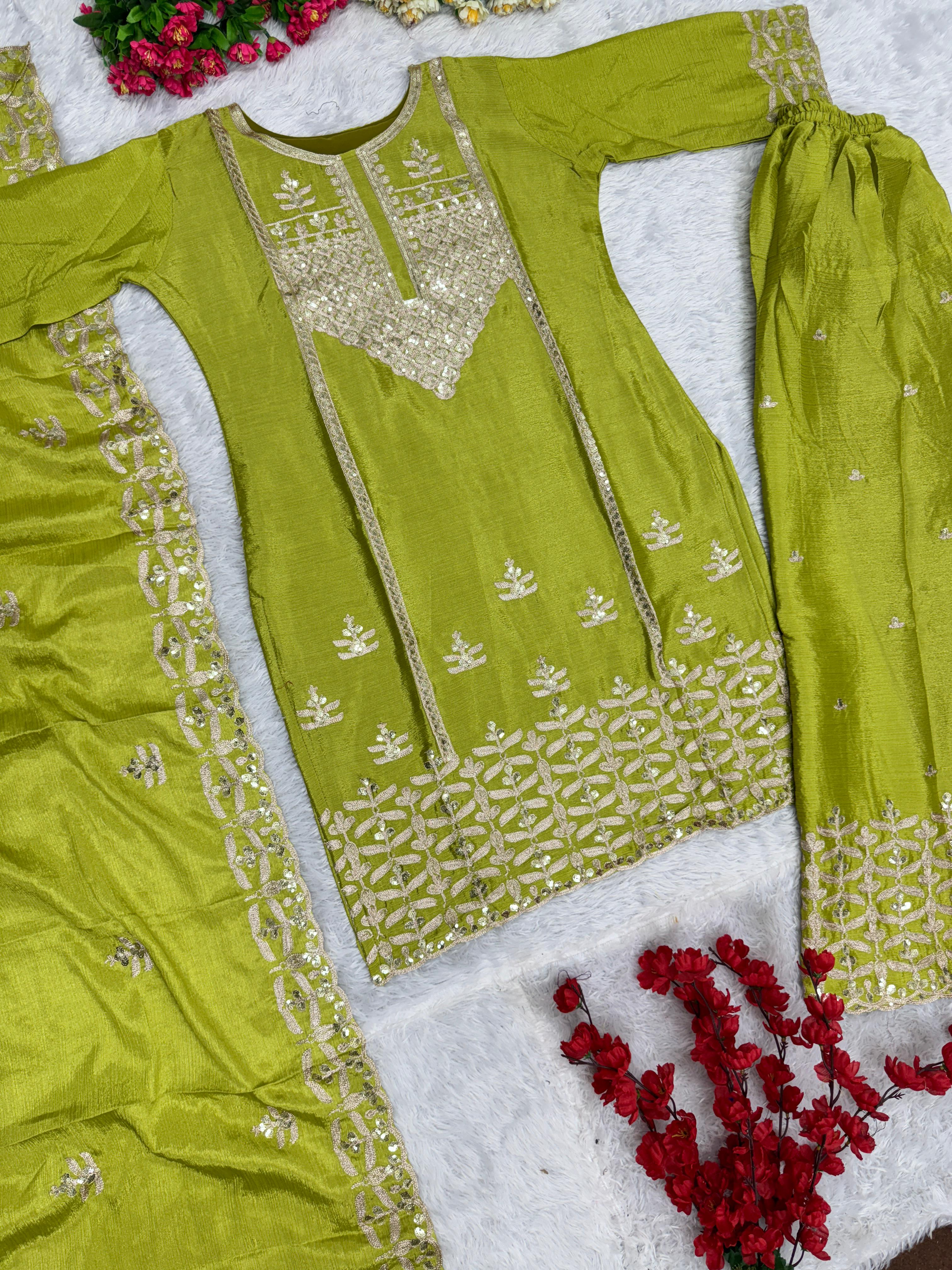 Stunning Parrot Green Chine Sequence Work Sharara Suit