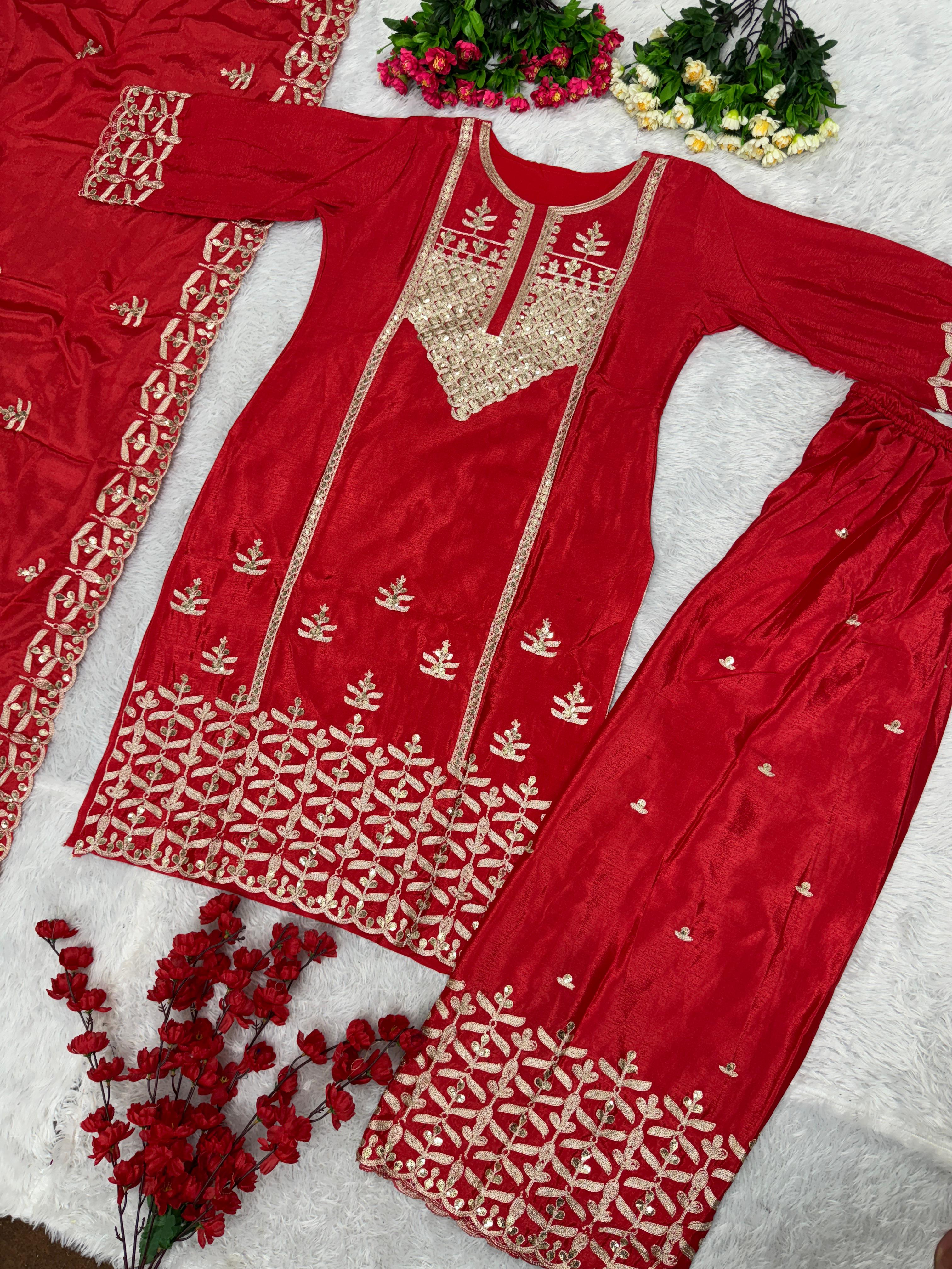 Stunning Red Chine Sequence Work Sharara Suit