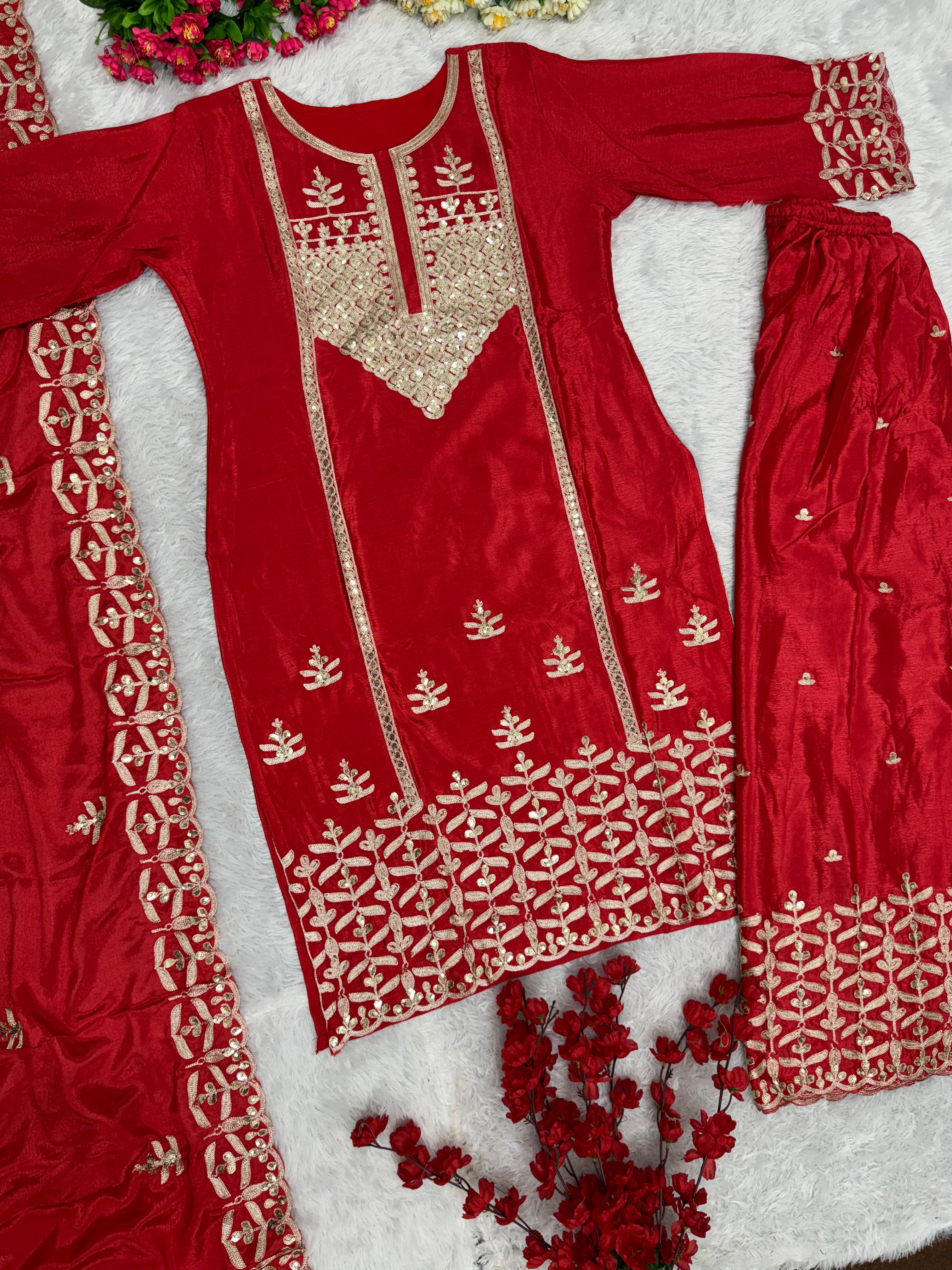 Stunning Red Chine Sequence Work Sharara Suit