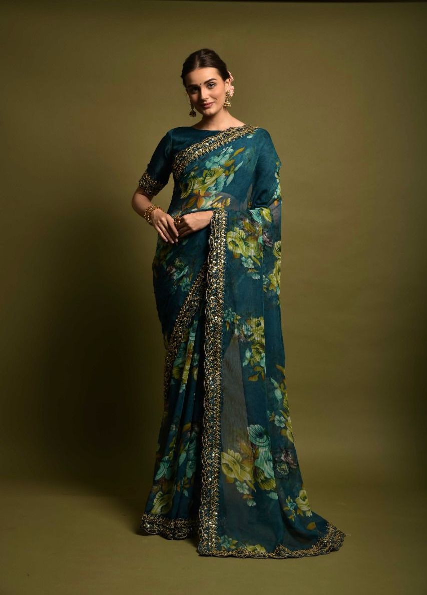 Luxuriant Teal Blue Color Floral Printed Saree