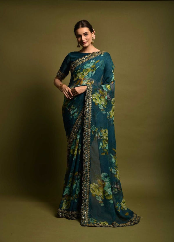 Luxuriant Teal Blue Color Floral Printed Saree