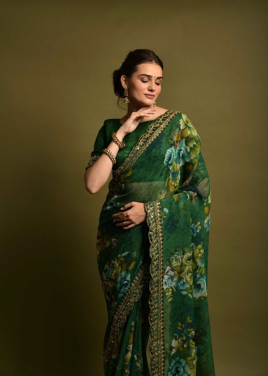 Luxuriant Green Color Floral Printed Saree