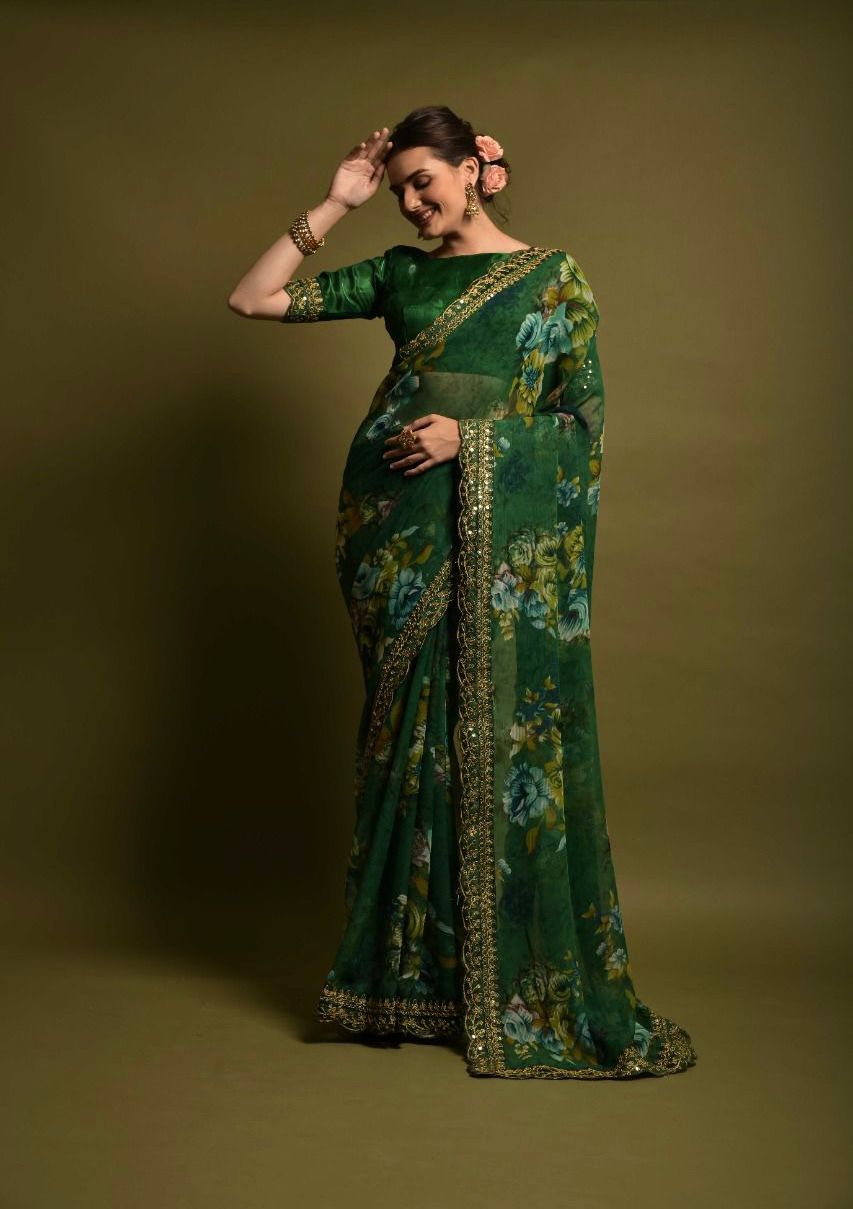 Luxuriant Green Color Floral Printed Saree